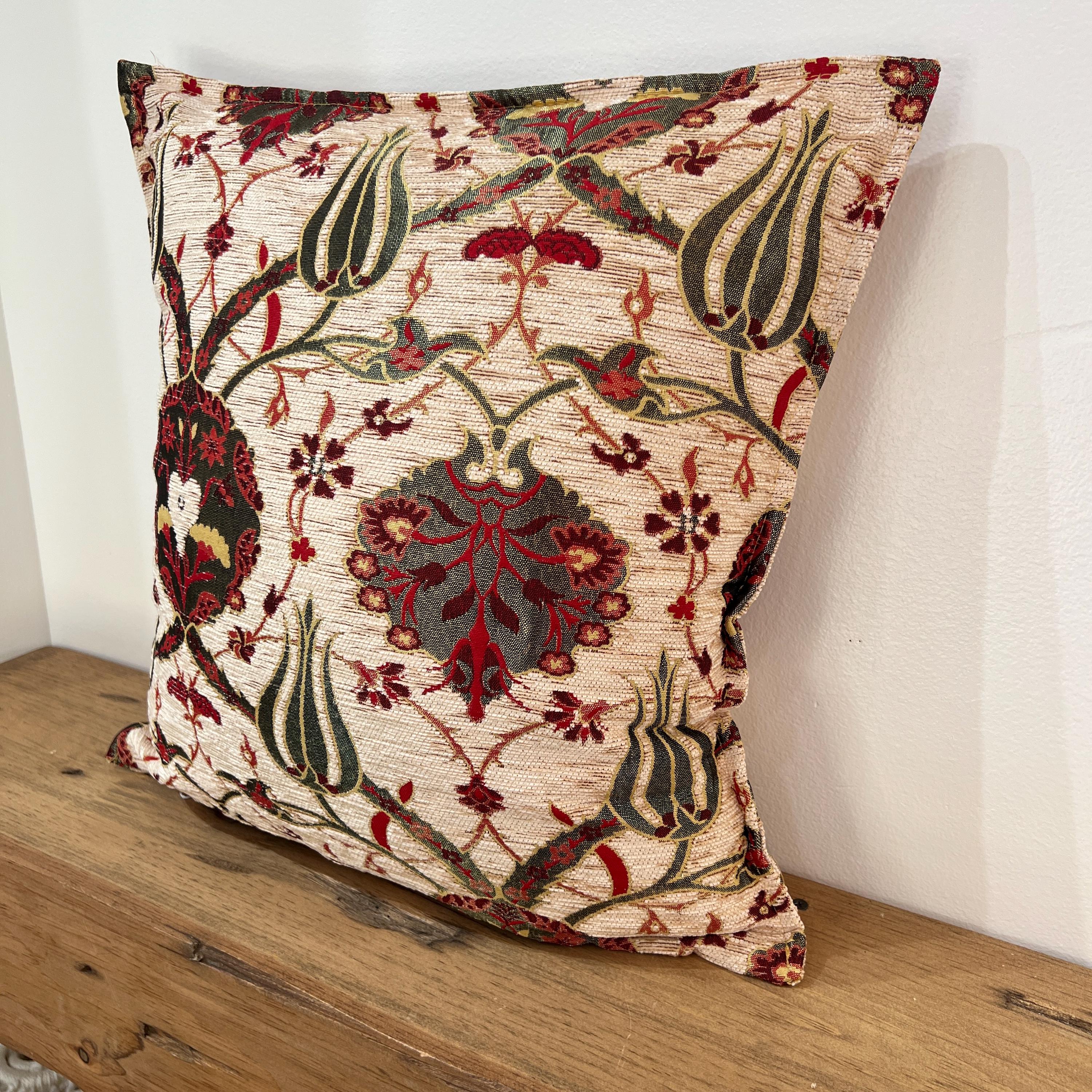 Turkish Pillow Cover Beige Chenille Cushion, Woven New Ottoman Tulip Design Decorative Throw Pillowcase