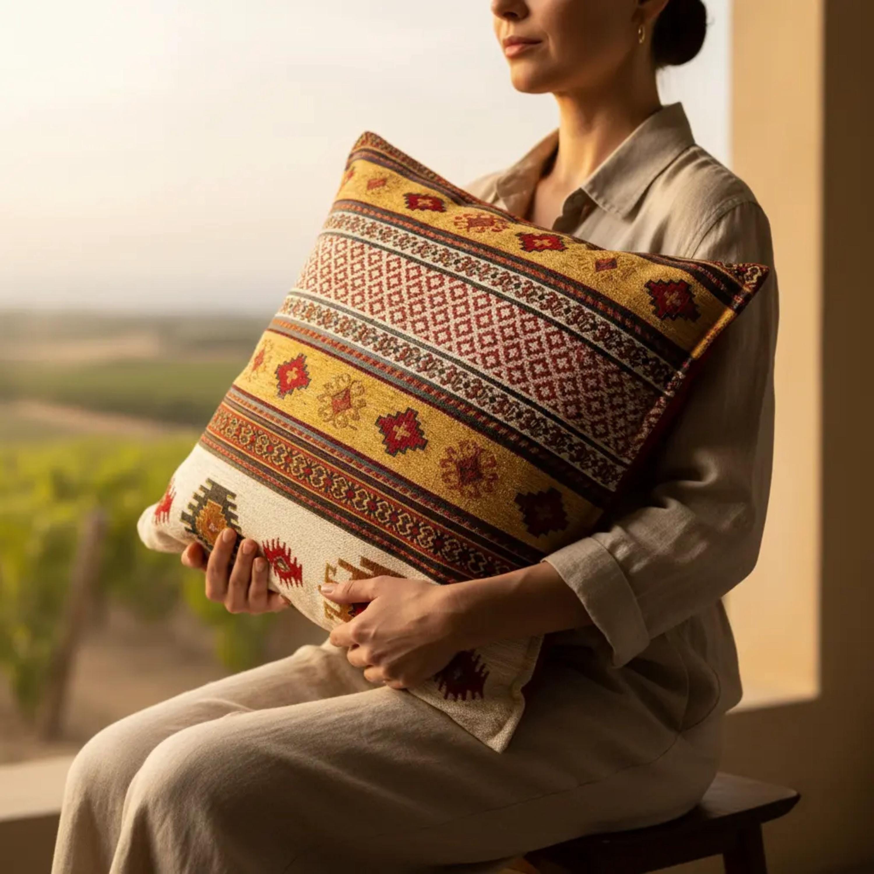Chenille Kilim Pillow Cover: Boho Geometric Accent Gold Cushion