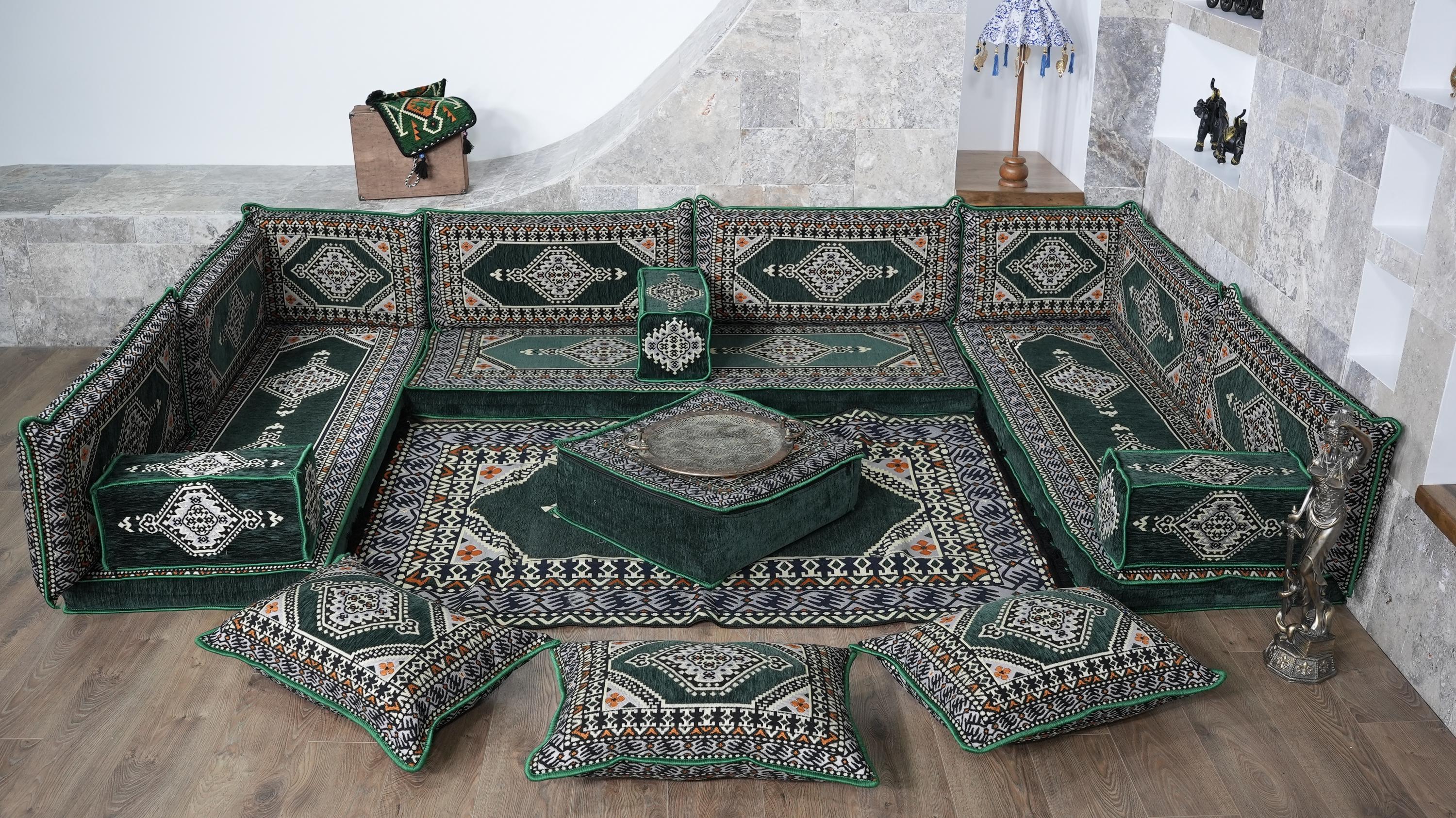 Green U-Shaped Sofa Set, Turkish Palace Floor Seating Sectional Modular Couch Set