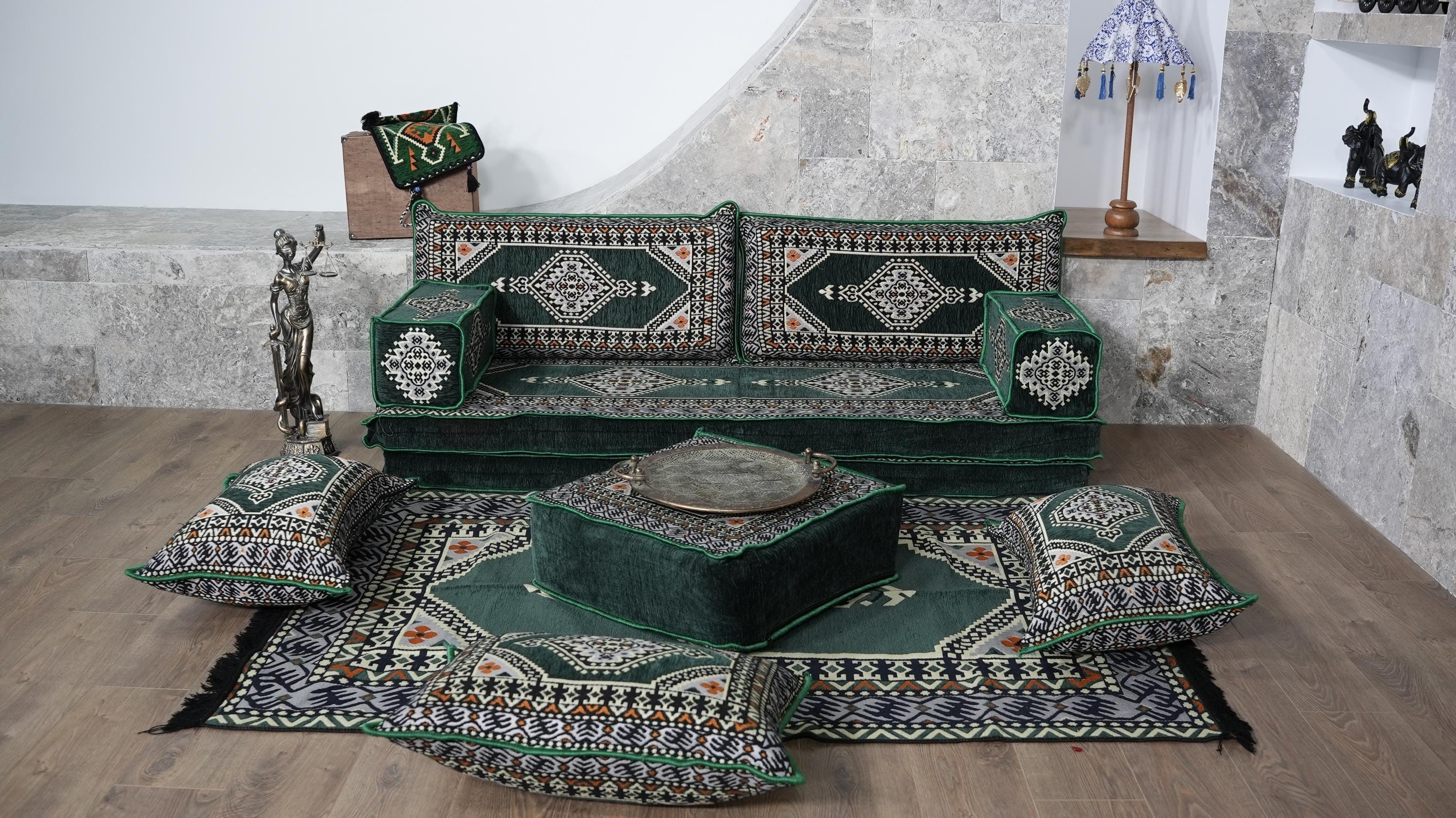 Green Loveseat Sofa Set, Turkish Palace Floor Seating Sectional Modular Couch Set