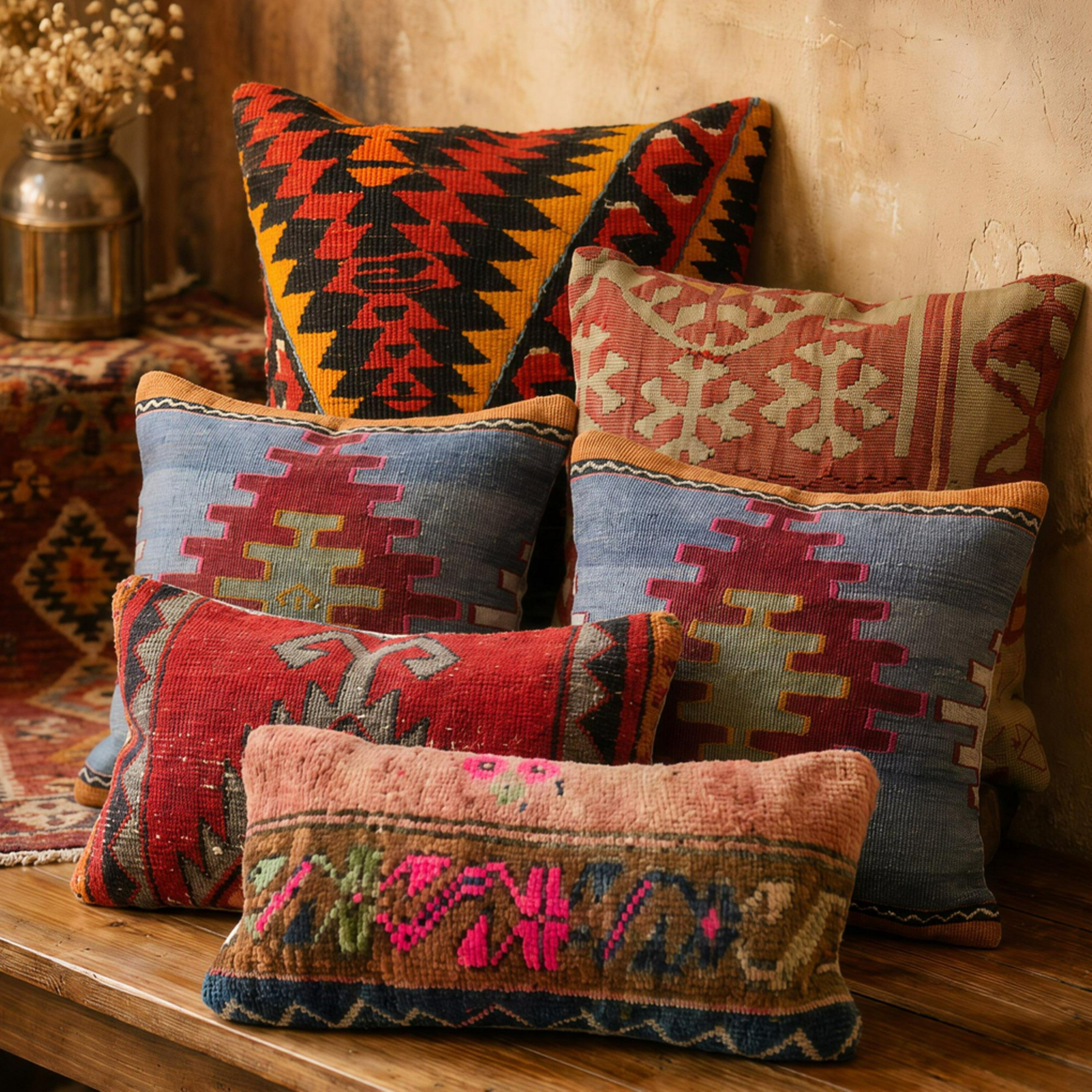Boho Chic Kilim Pillows are beautifully layered, cozy composition from Turkey, but specifically features the unique kilim and handmade wool pillows