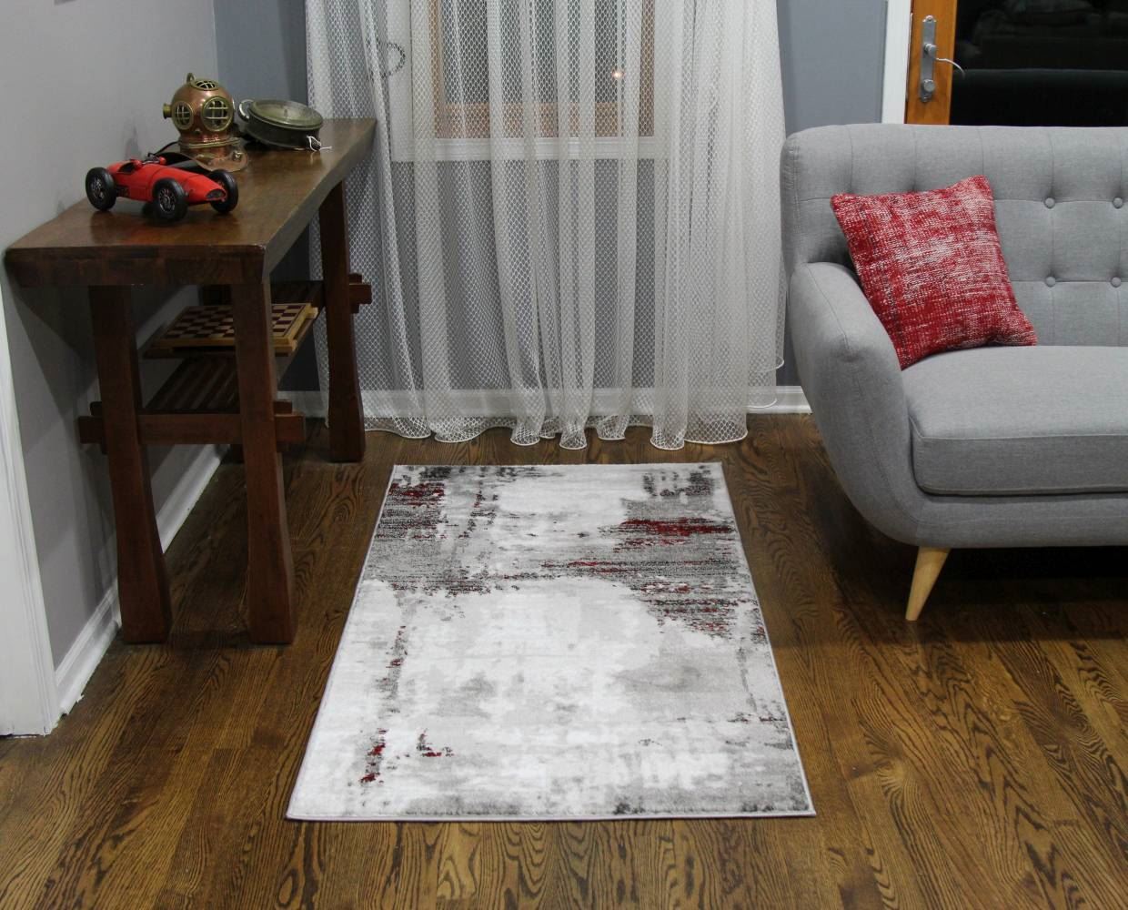 Abstract Gray Rug with Red Stripes