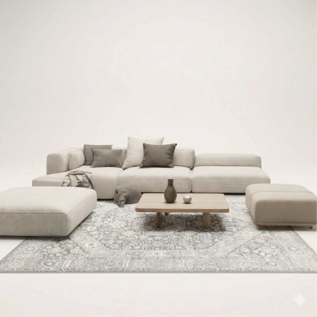 Sisley Distressed Gray Silver Vintage Medallion Rug