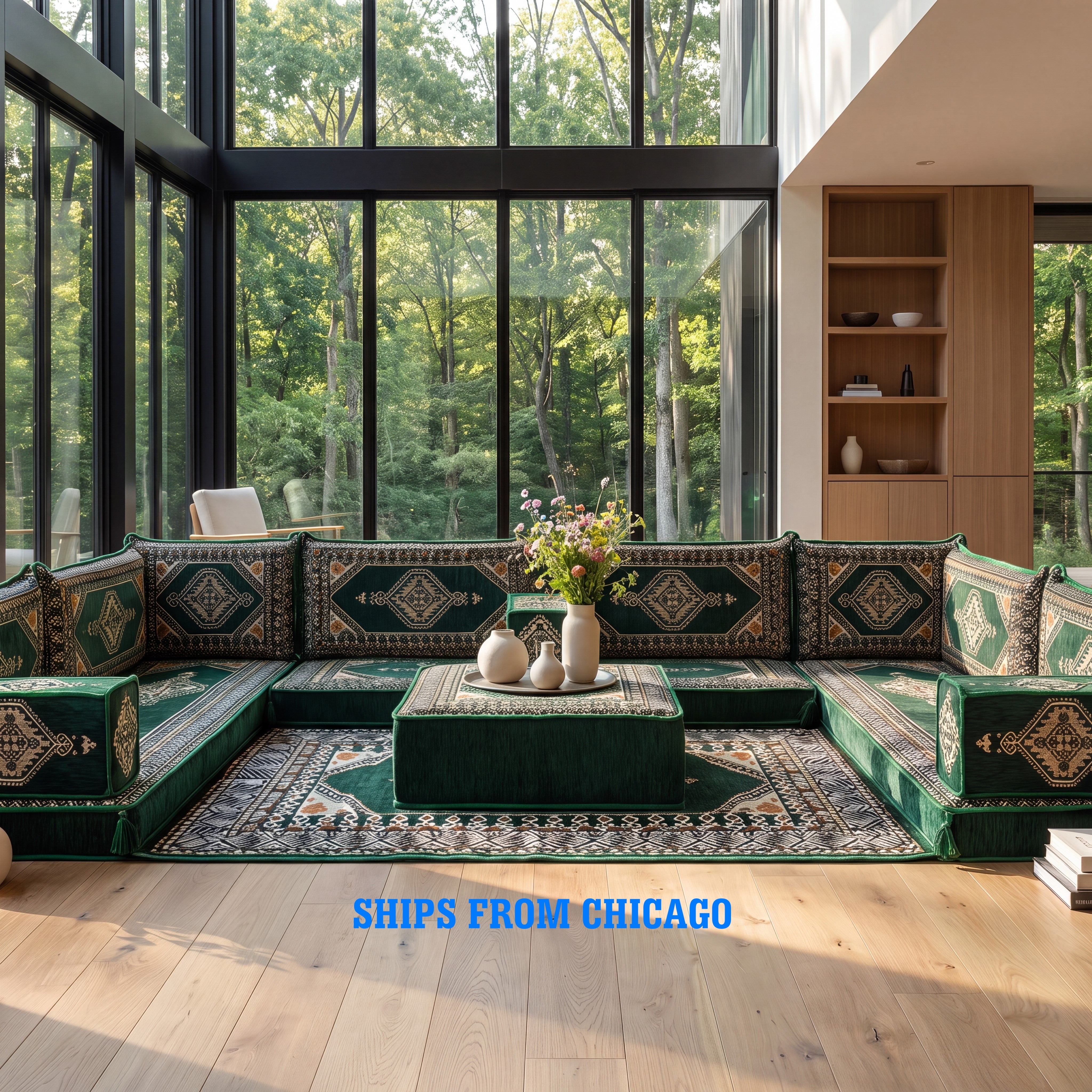 A large U-shaped sectional green sofa upholstered in deep green fabric with intricate geometric patterns, this is a product image for 01-Green U-Shaped Sofa Set, Turkish Palace Floor Seating Sectional Modular Couch Set.