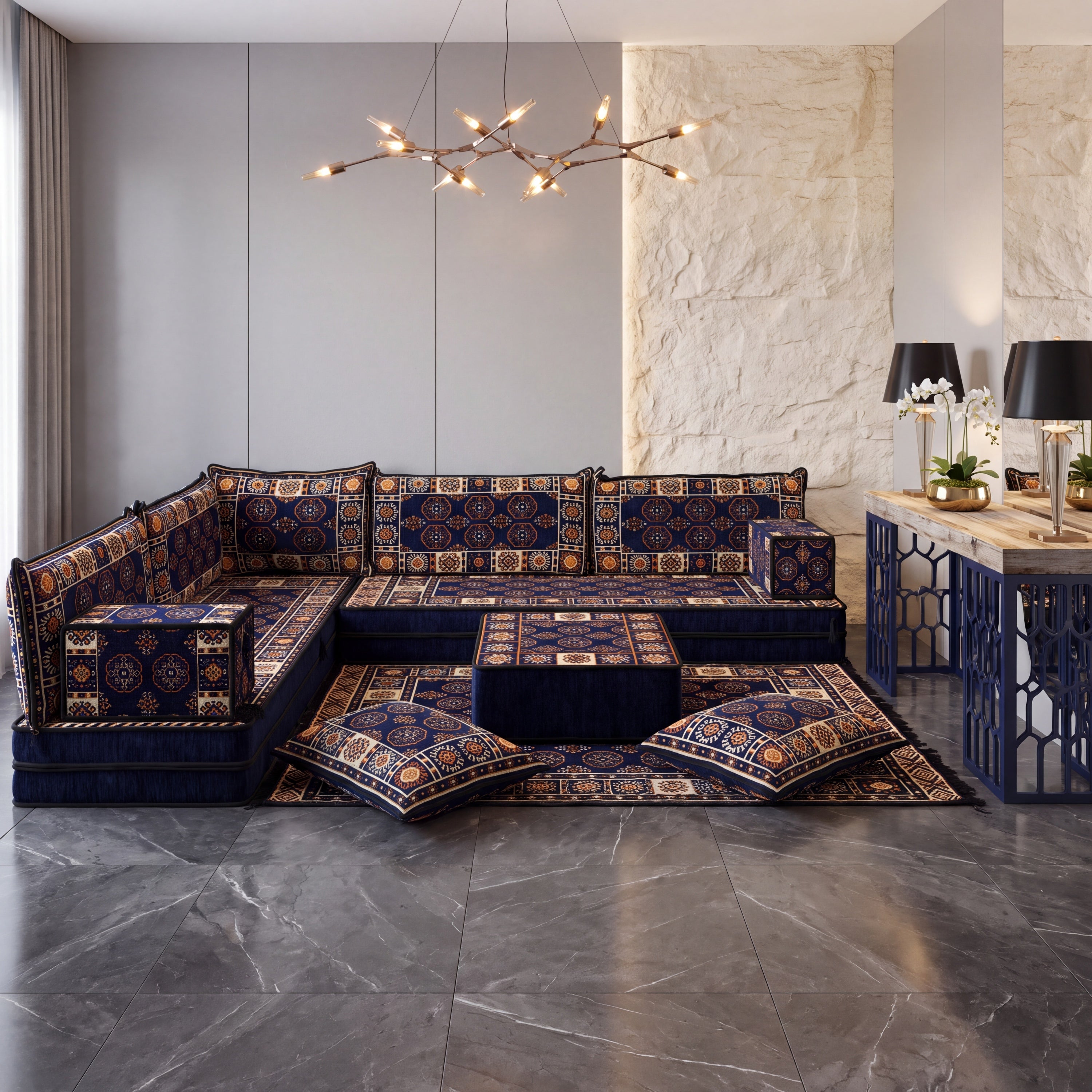Navy Blue L-Shaped Sofa Set, Bukhara Floor Seating Sectional Modular Couch Set