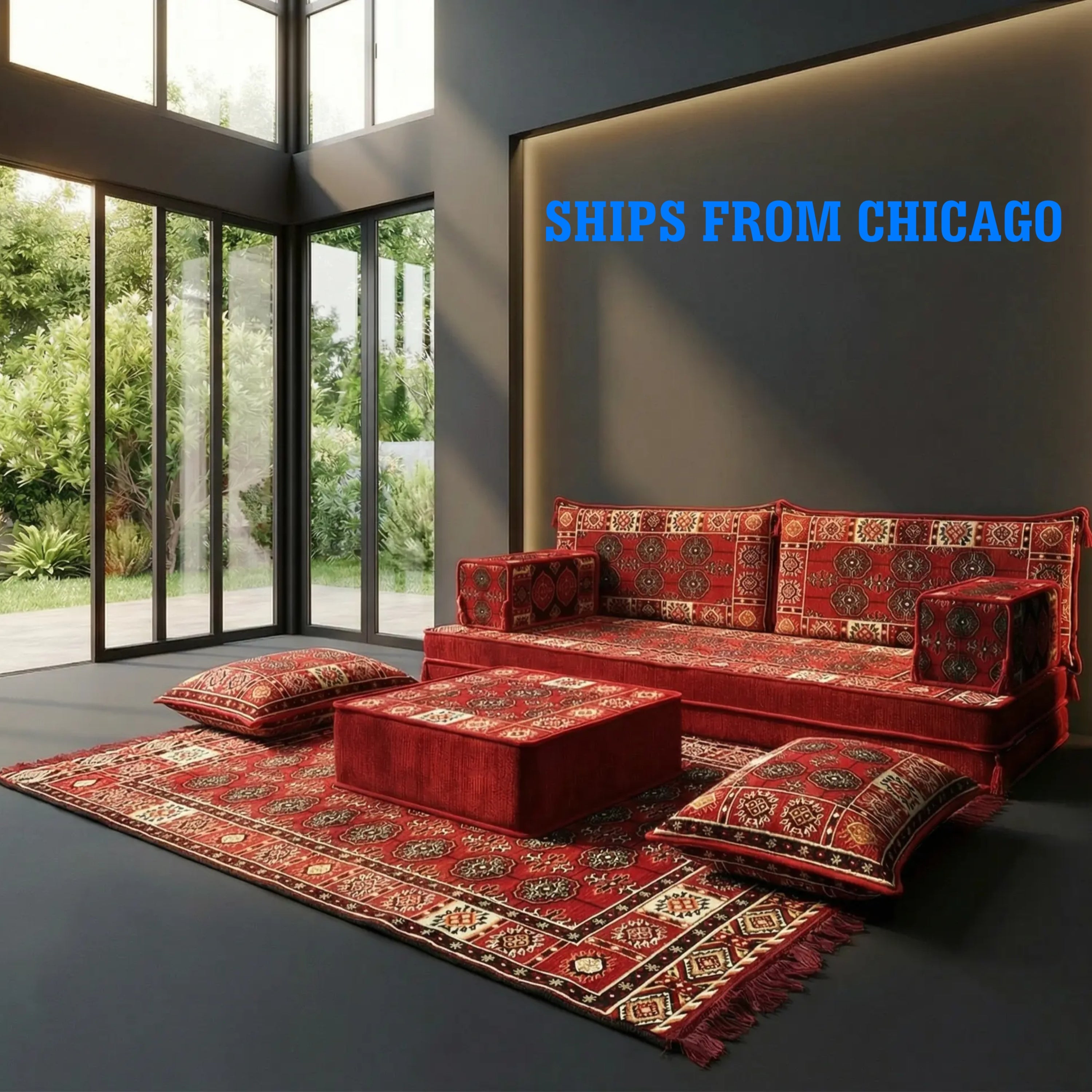 Red Loveseat Sofa Set, Bukhara Floor Seating Sectional Modular Couch Set