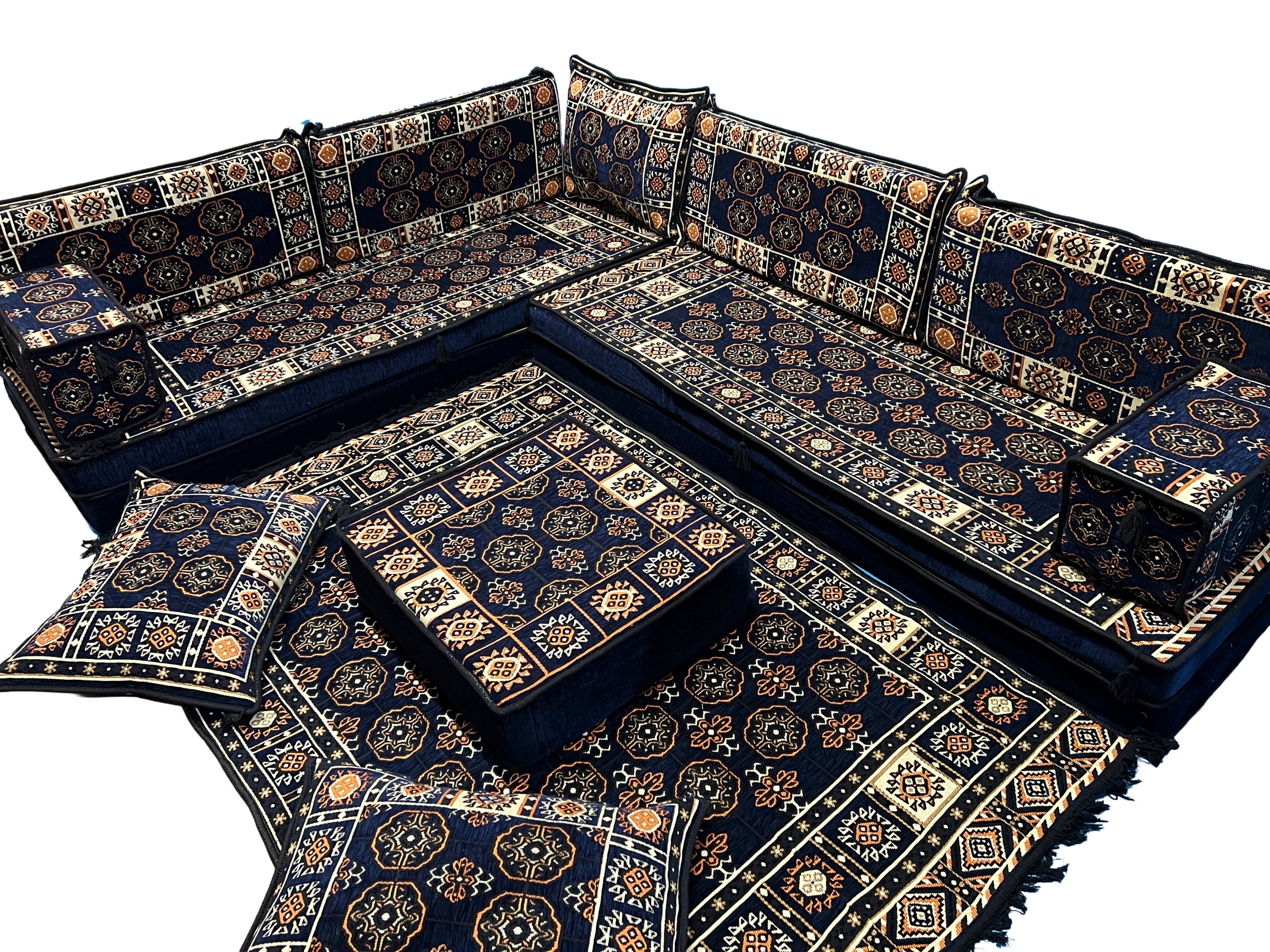 Navy Blue L-Shaped Sofa Set, Bukhara Floor Seating Sectional Modular Couch Set