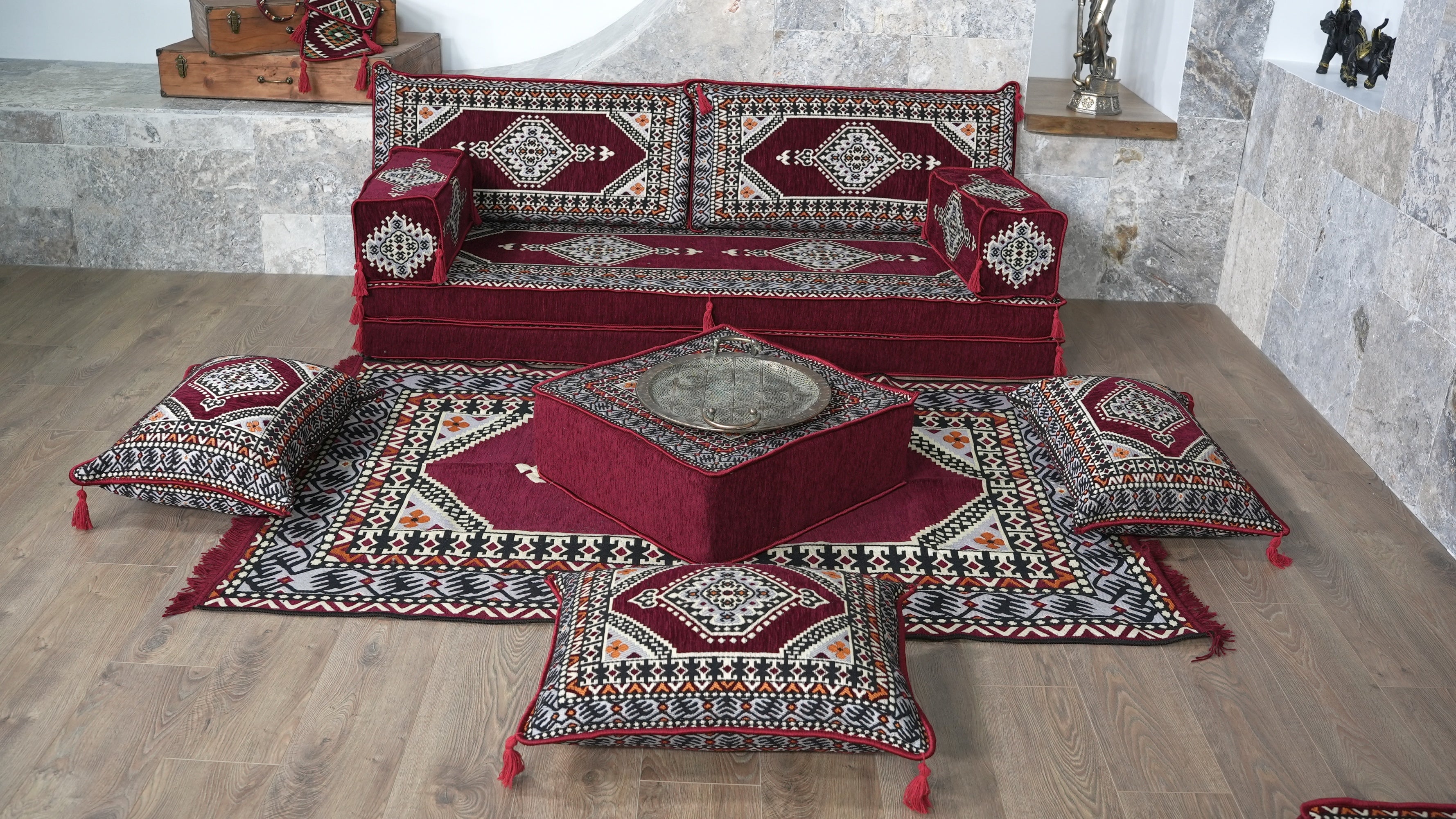 Deep Burgundy Loveseat Floor Seating, Traditional Turkish Jalsa Sectional Modular Couch Set with Pillows & Rug