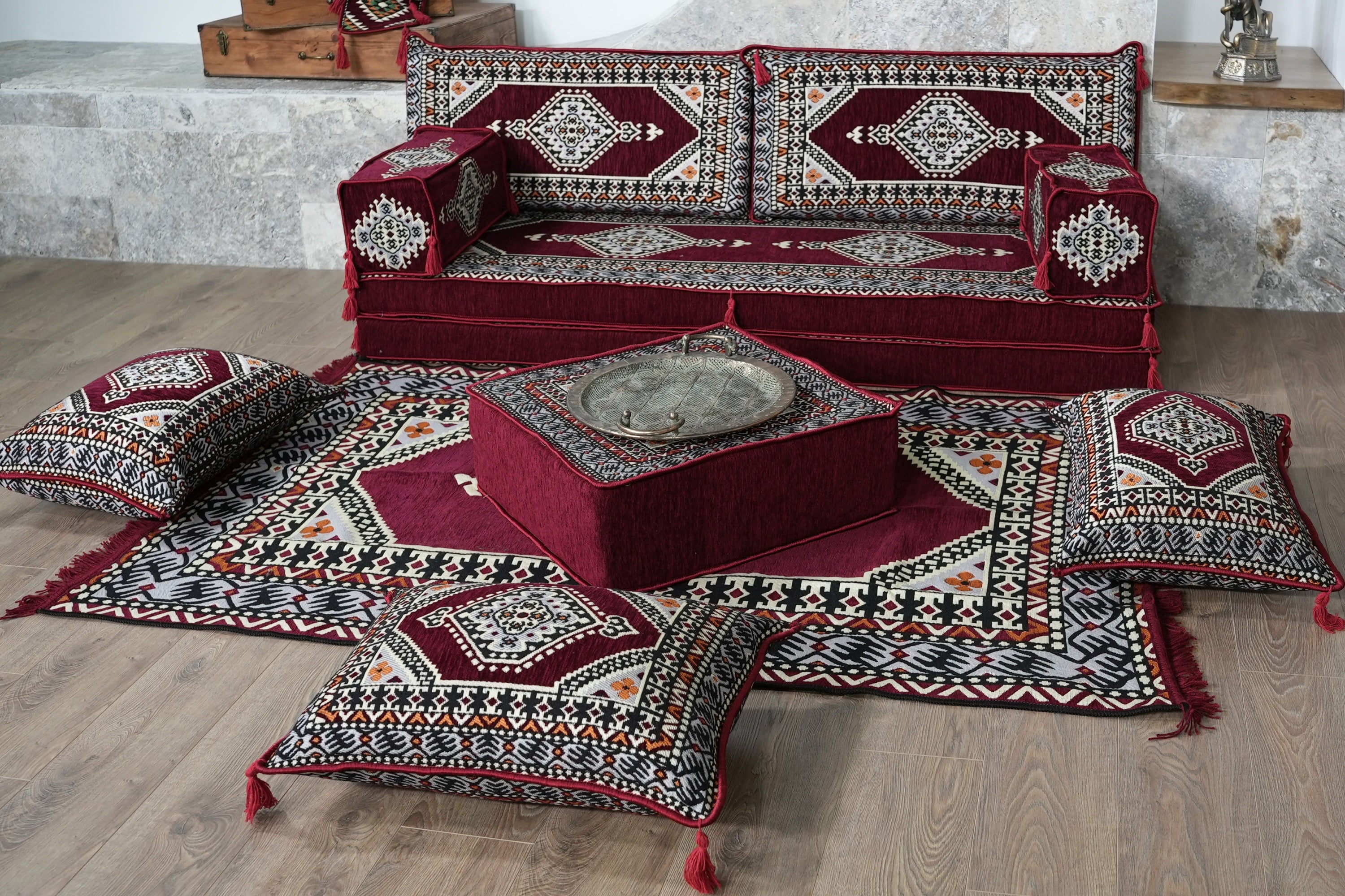 Burgundy Kilim Floor Sofa Set, Bohemian Turkish Palace Low Seating Modular Couch with Rug