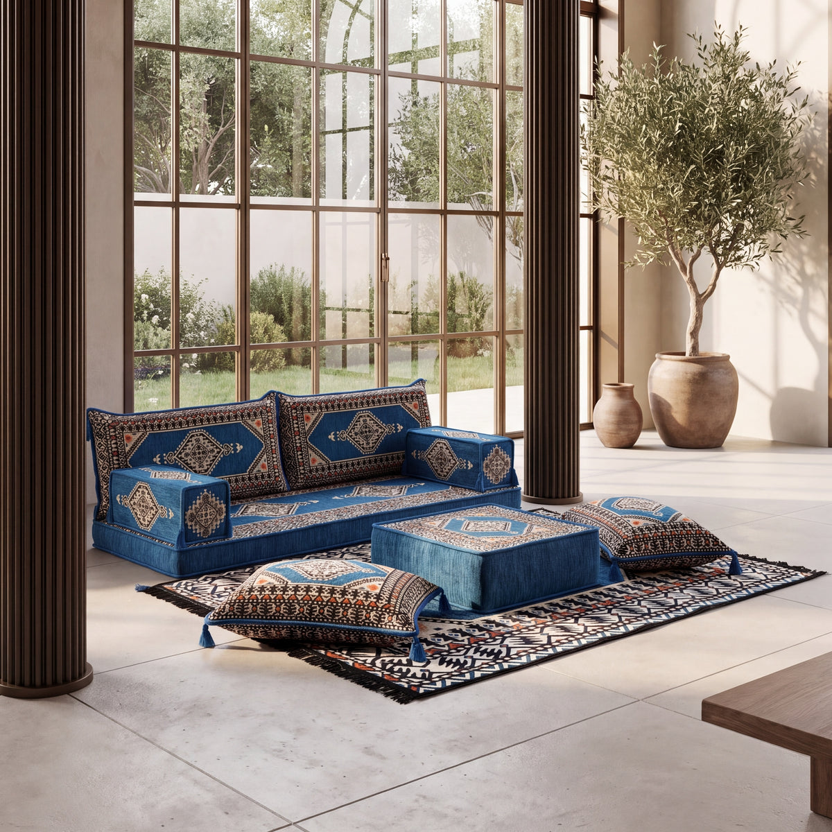 Blue Loveseat Sofa Set, Turkish Palace Floor Seating Majlis Modular Couch Set