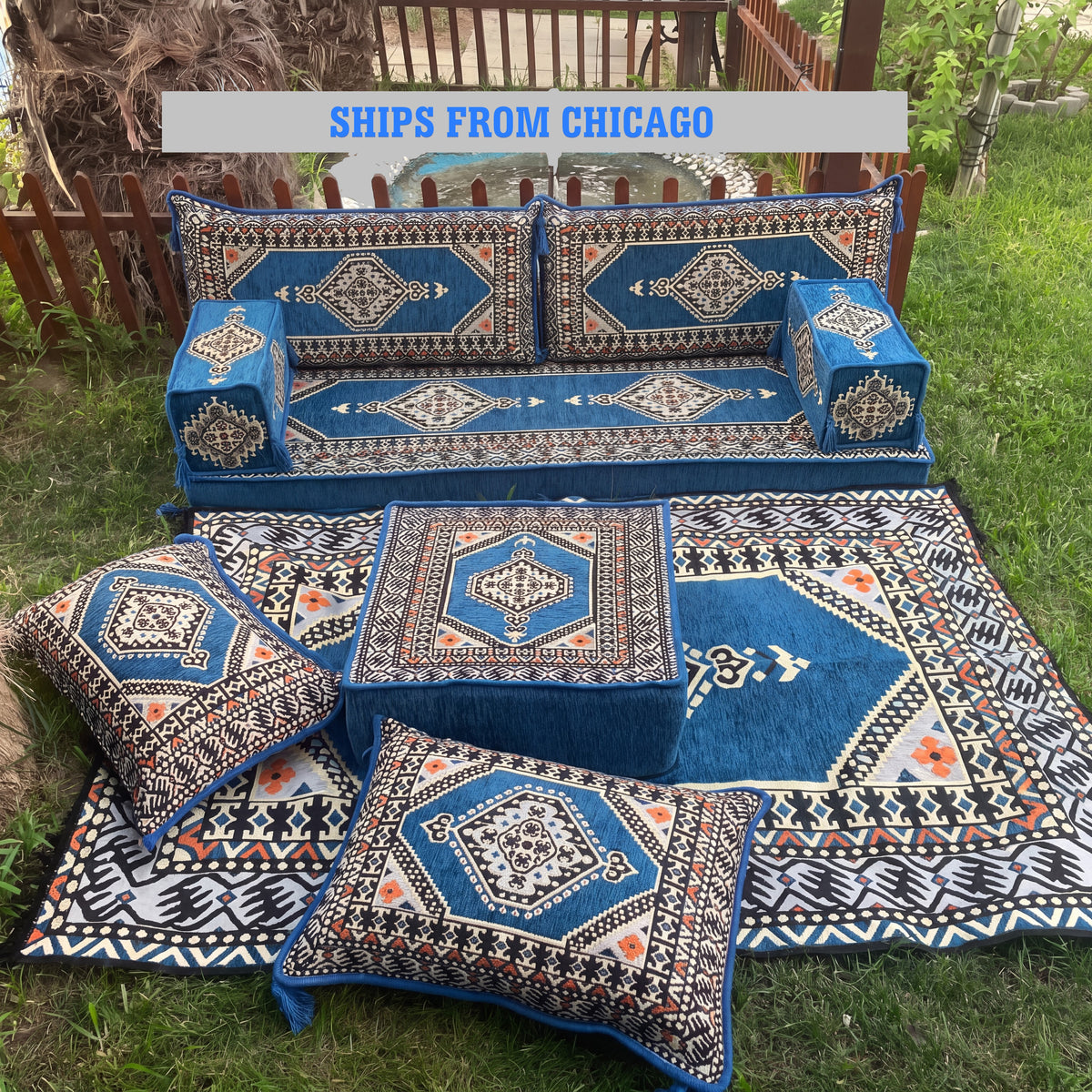 Blue Loveseat Sofa Set, Turkish Palace Floor Seating Majlis Modular Couch Set