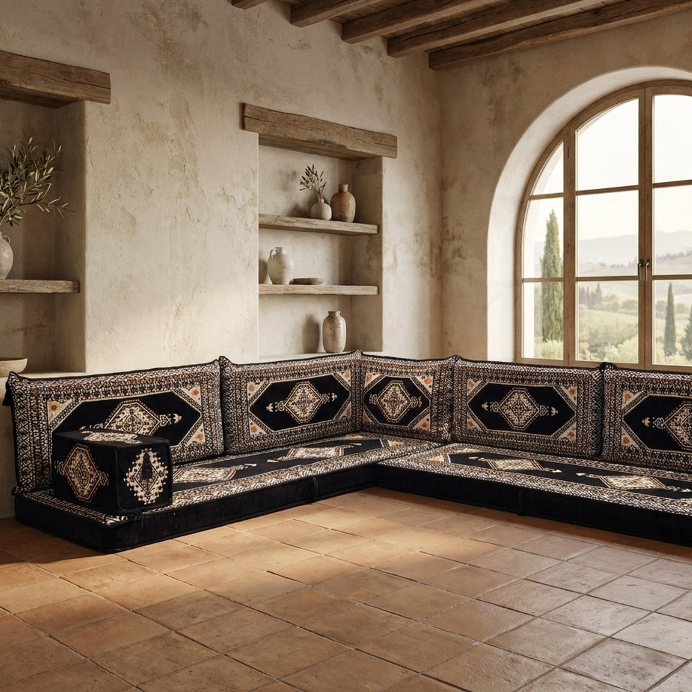 Black L-Shaped Sofa Set, Turkish Palace Floor Seating Sectional Modular Couch Set