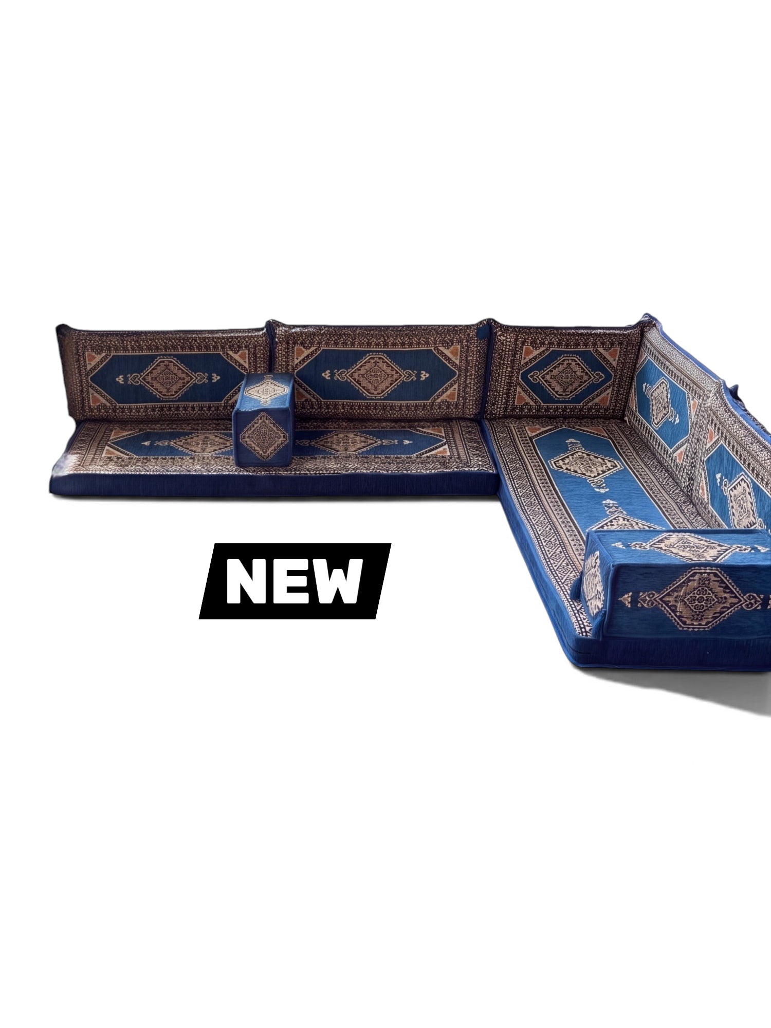 Blue L-Shaped Sofa Set, Turkish Palace Floor Seating Sectional Modular Couch Set