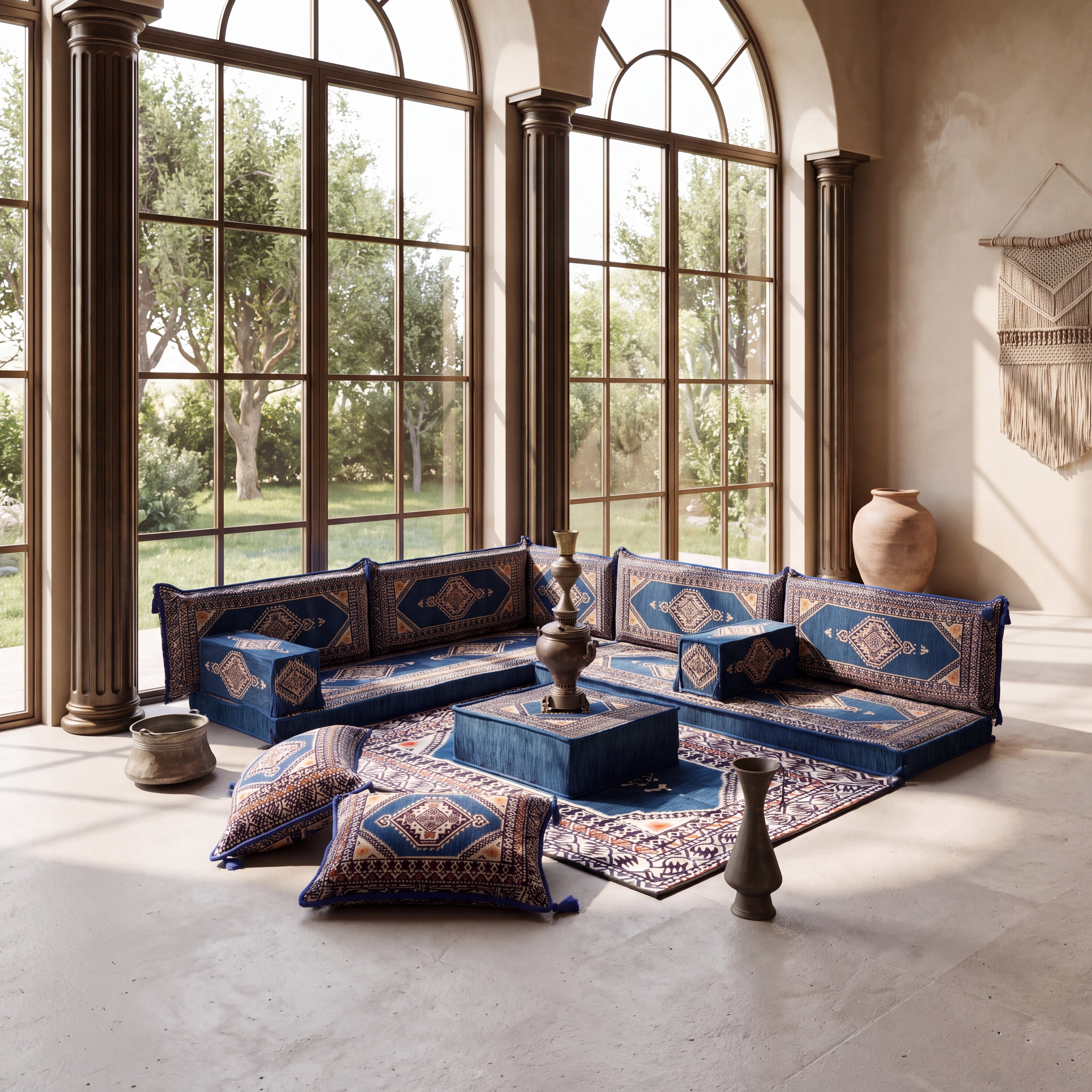 Blue L-Shaped Sofa Set, Turkish Palace Floor Seating Sectional Modular Couch Set