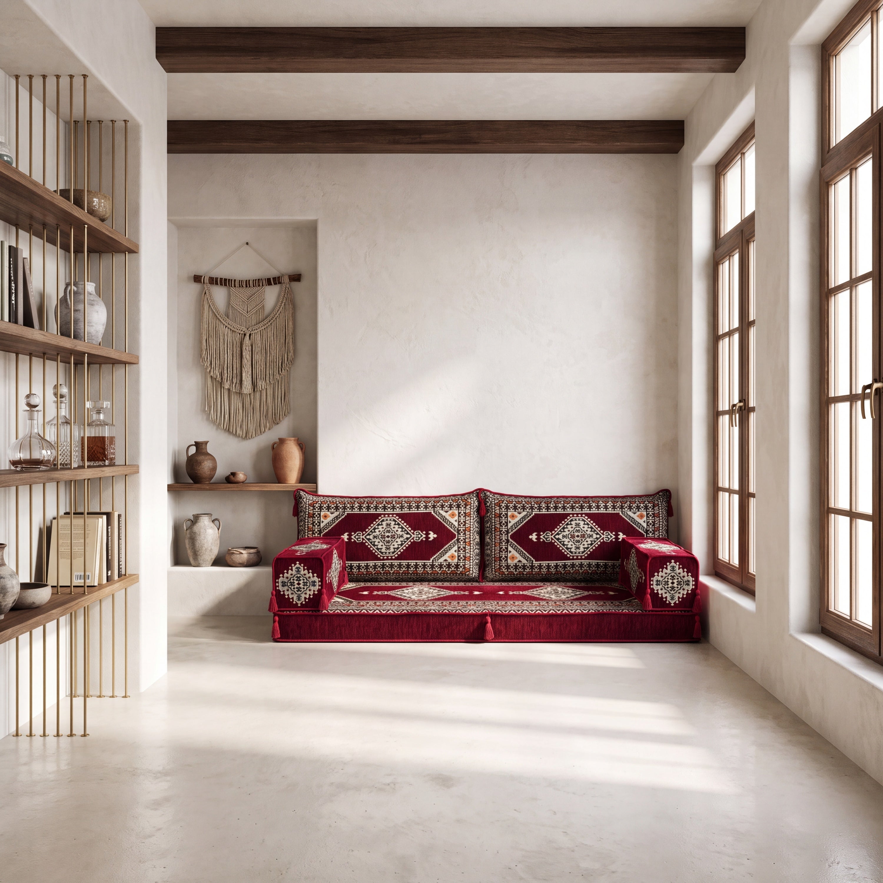 A red and beige patterned floor loveseat sofa with matching cushions placed in a bright, modern room.