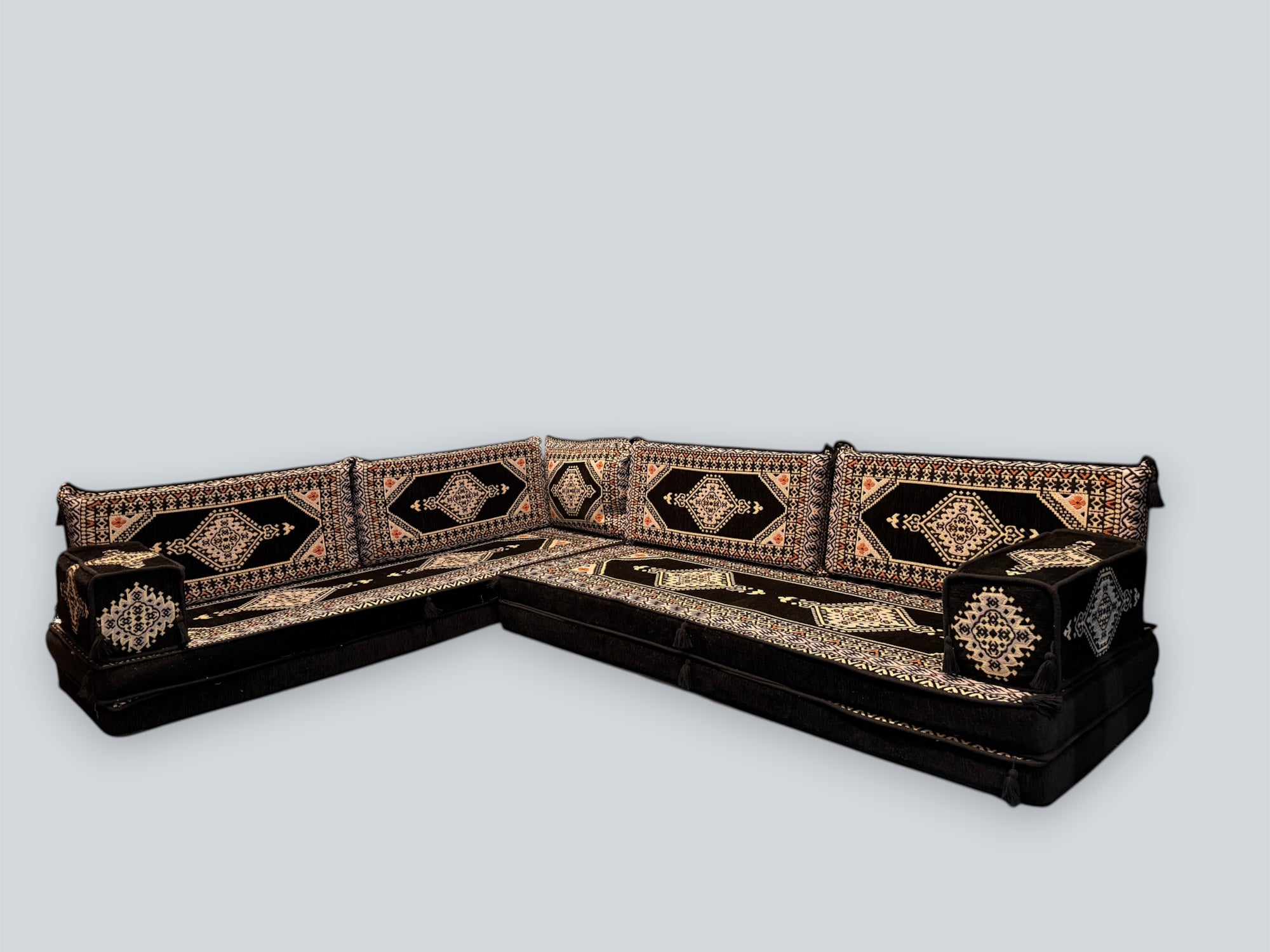 Black L-Shaped Sofa Set, Turkish Palace Floor Seating Sectional Modular Couch Set