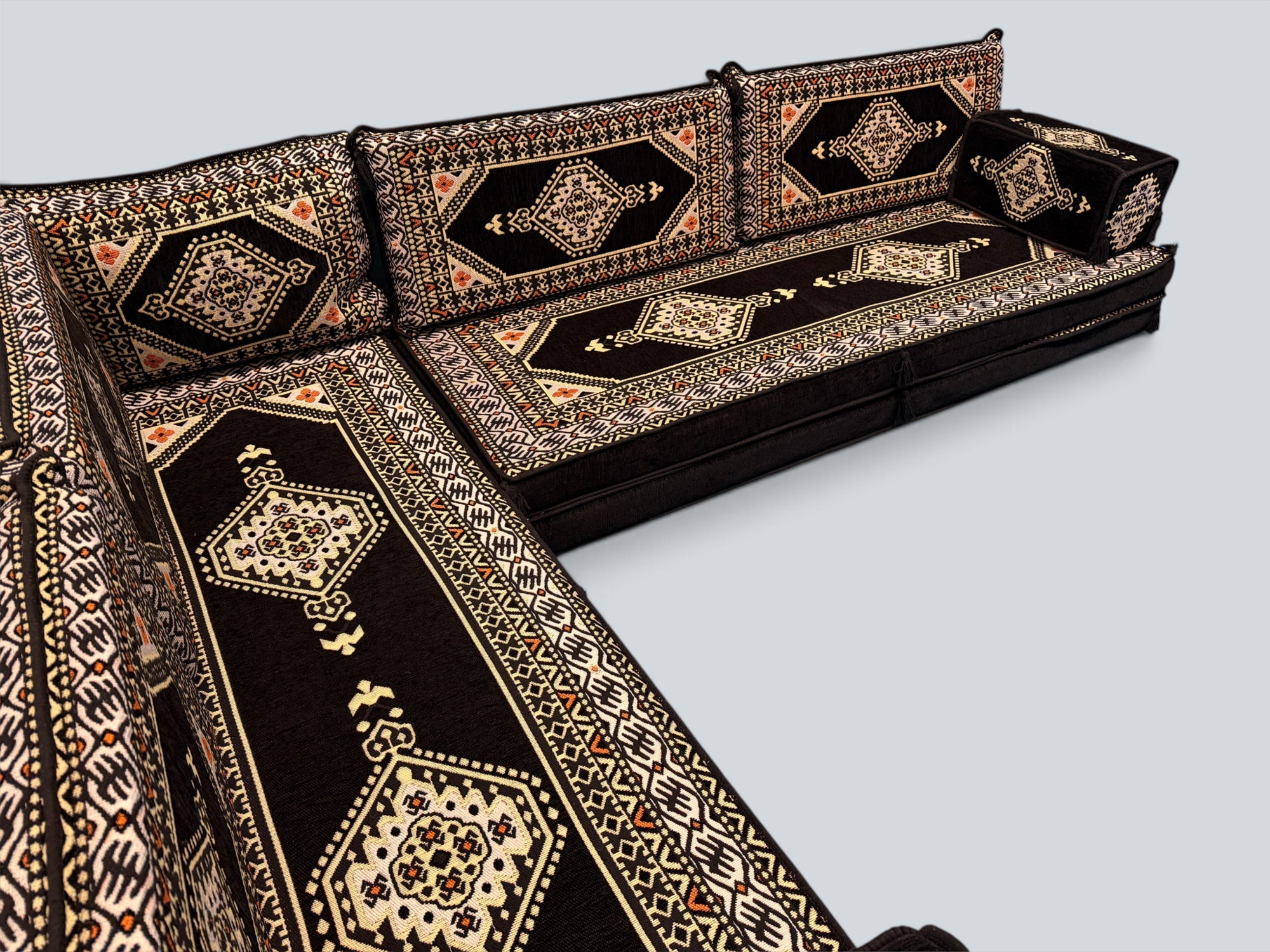 Black L-Shaped Sofa Set, Turkish Palace Floor Seating Sectional Modular Couch Set