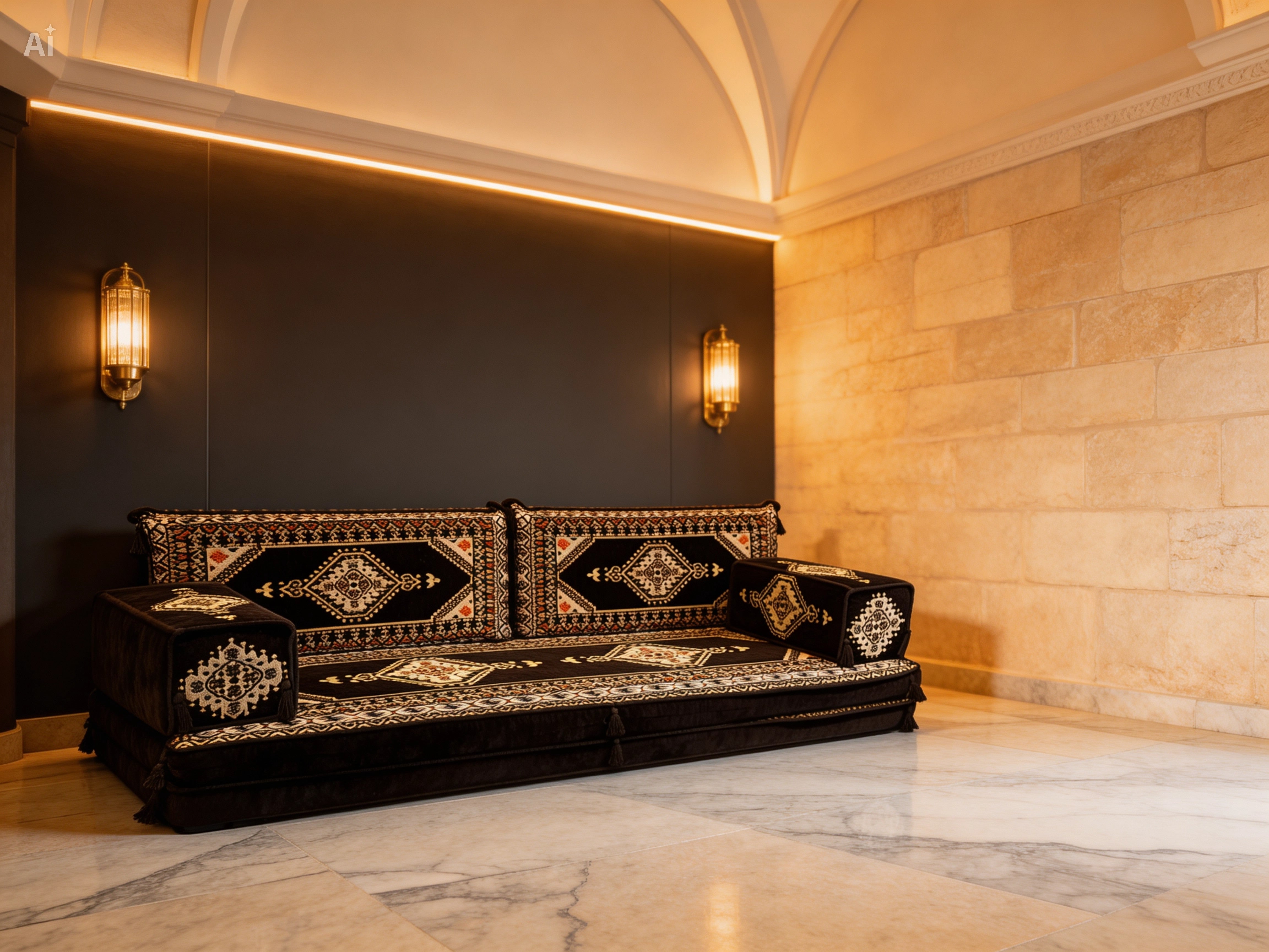 Black Loveseat Sofa Set, Turkish Palace Floor Seating Sectional Modular Couch Set
