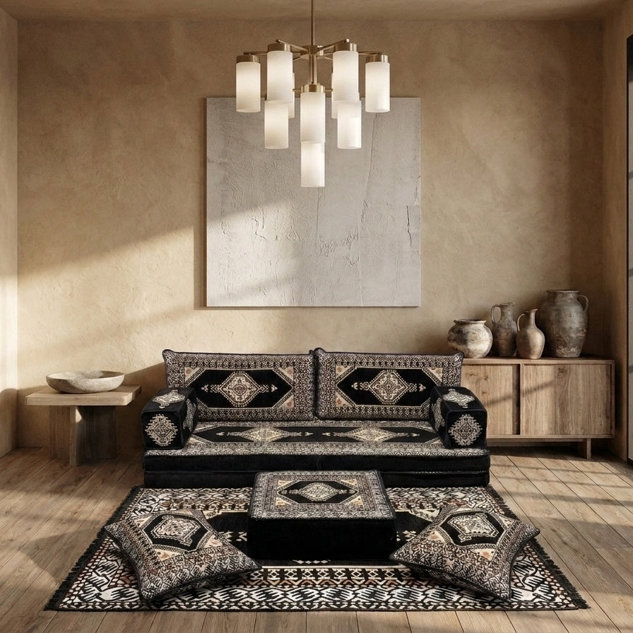 Black Loveseat Sofa Set, Turkish Palace Floor Seating Sectional Modular Couch Set