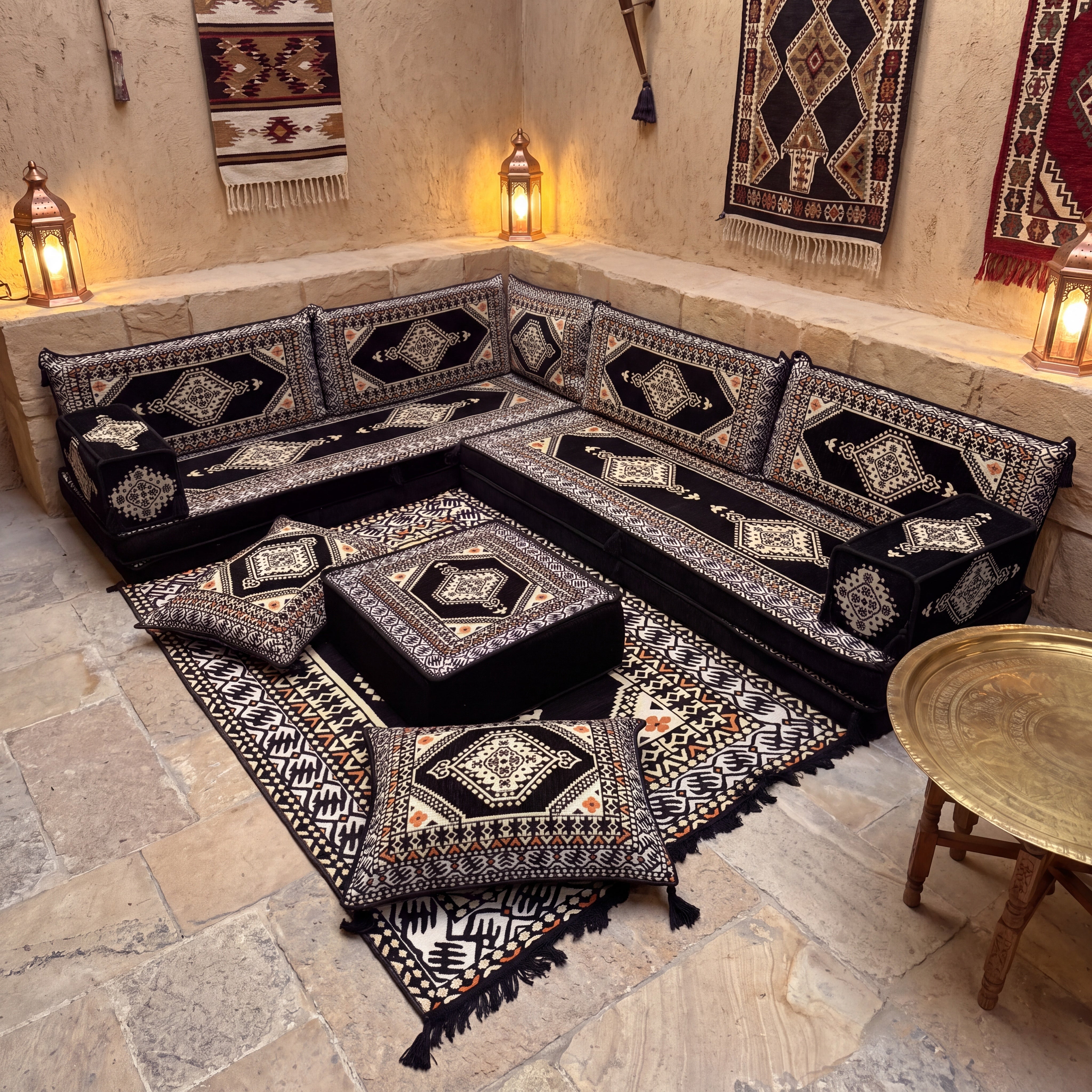 Black L-Shaped Sofa Set, Turkish Palace Floor Seating Sectional Modular Couch Set