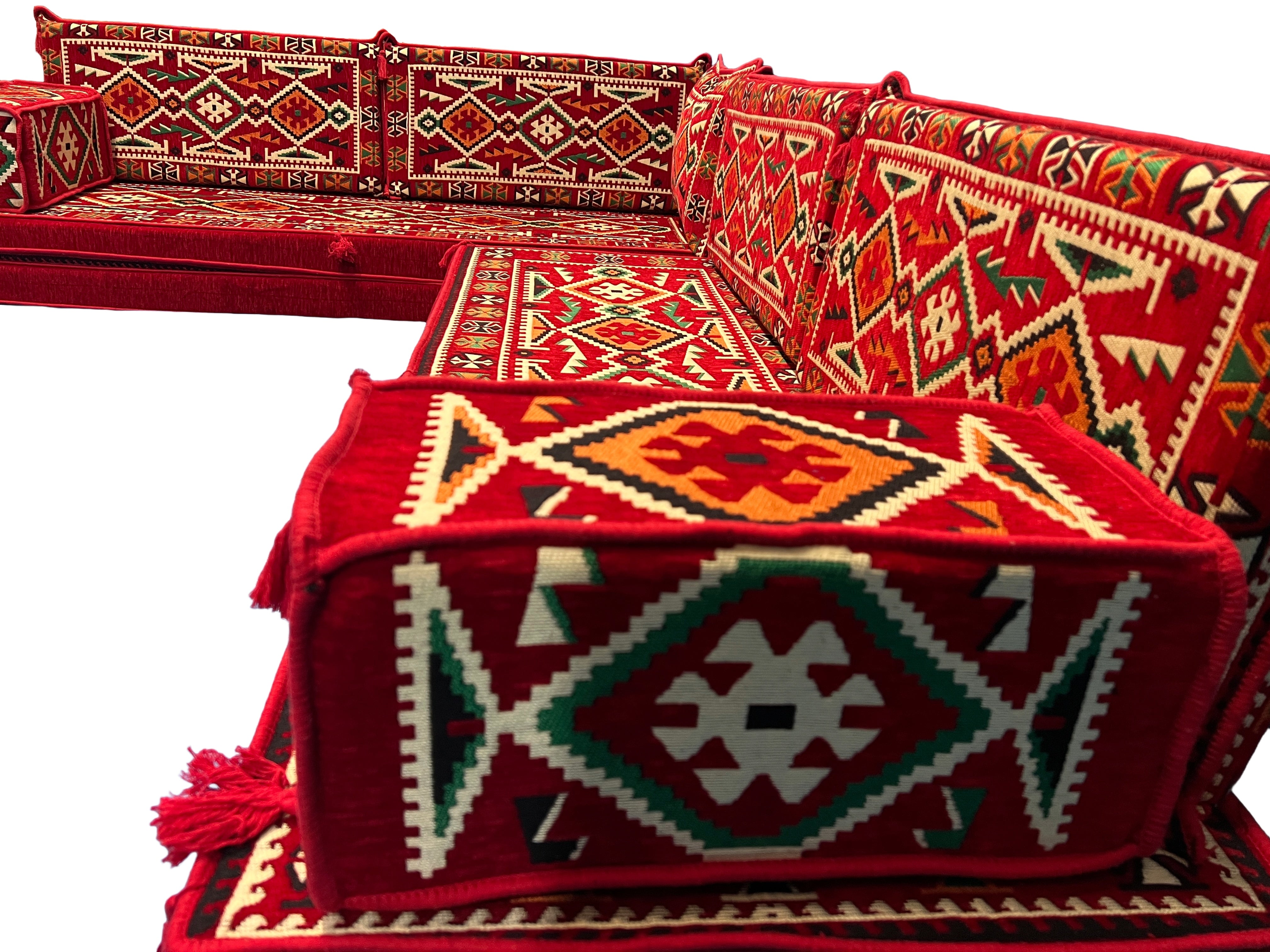 Red L-Shaped Sofa Set, Anatolian Floor Seating Sectional Modular Couch Set