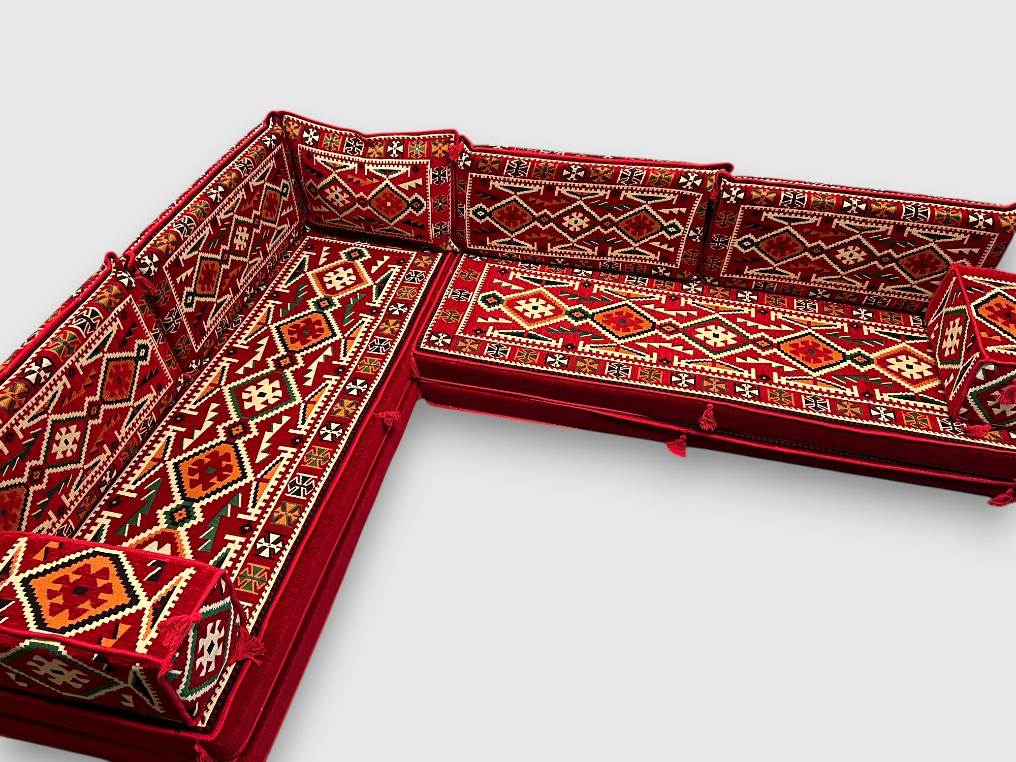 Red L-Shaped Sofa Set, Anatolian Floor Seating Sectional Modular Couch Set