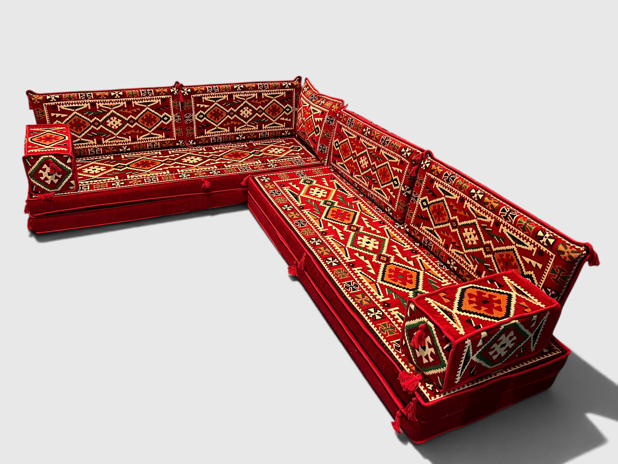Red L-Shaped Sofa Set, Anatolian Floor Seating Sectional Modular Couch Set
