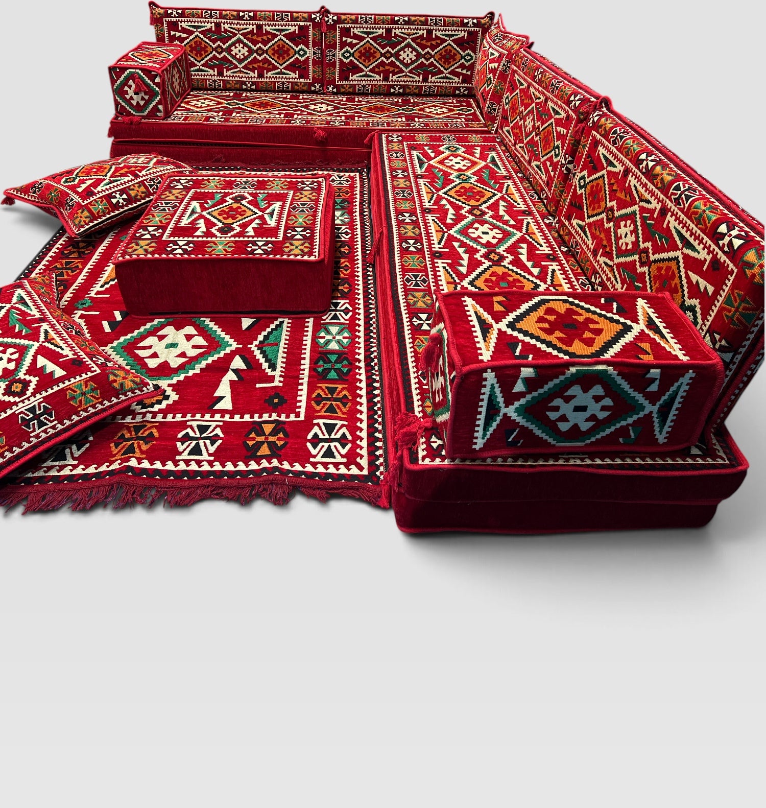 Red L-Shaped Sofa Set, Anatolian Floor Seating Sectional Modular Couch Set