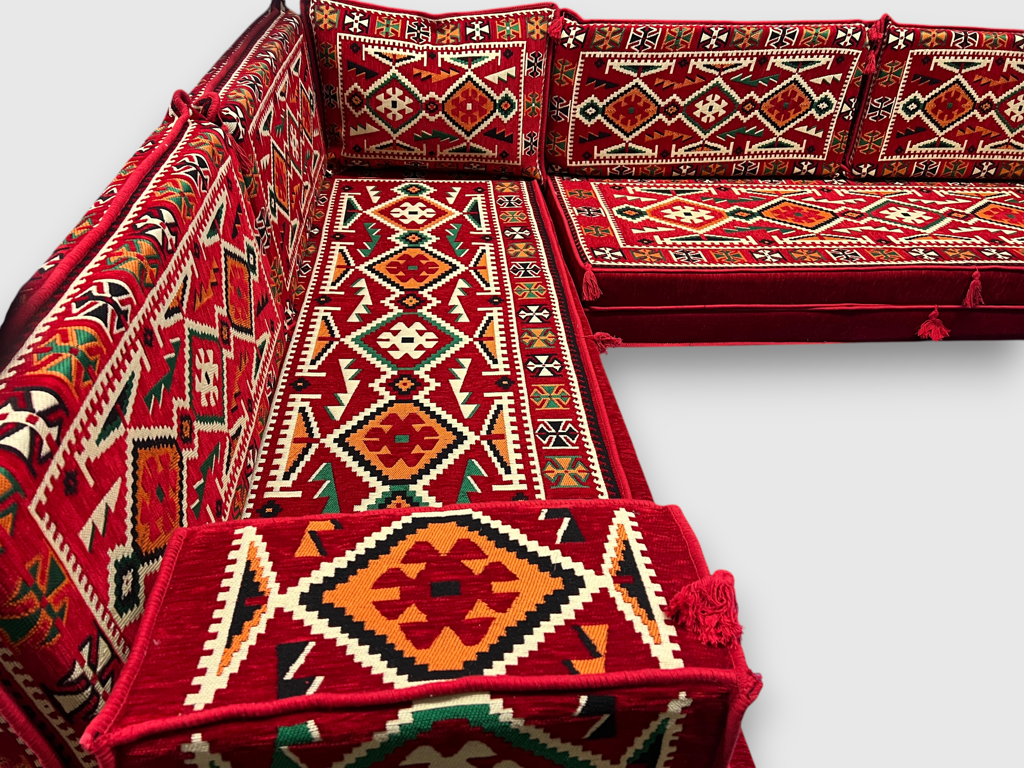 Red L-Shaped Sofa Set, Anatolian Floor Seating Sectional Modular Couch Set