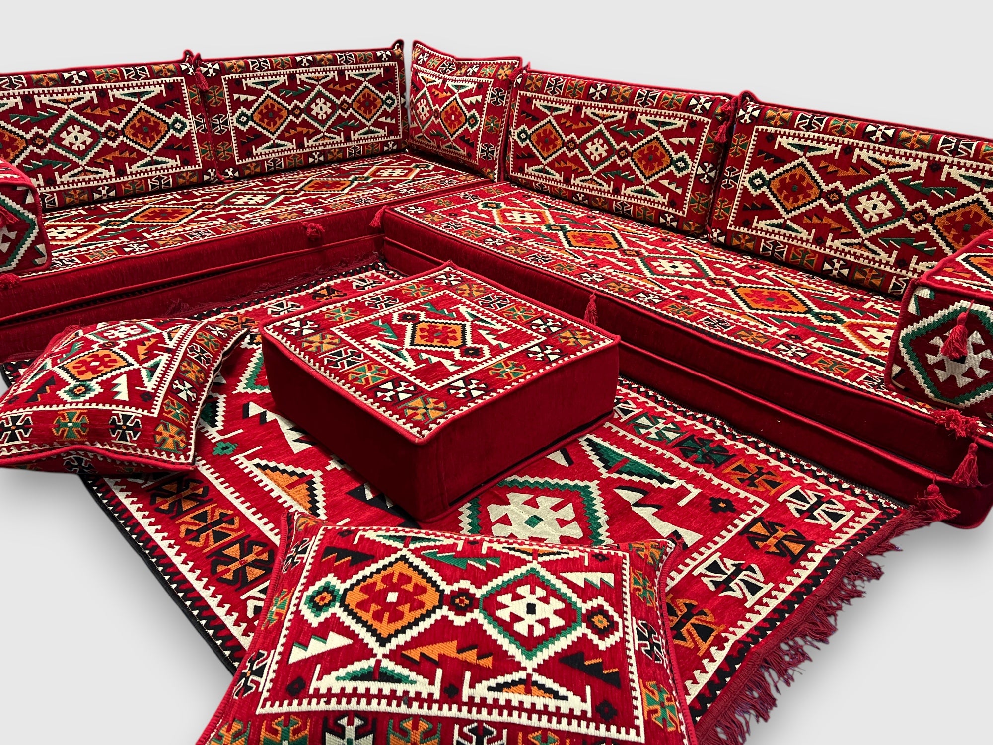 Red L-Shaped Sofa Set, Anatolian Floor Seating Sectional Modular Couch Set