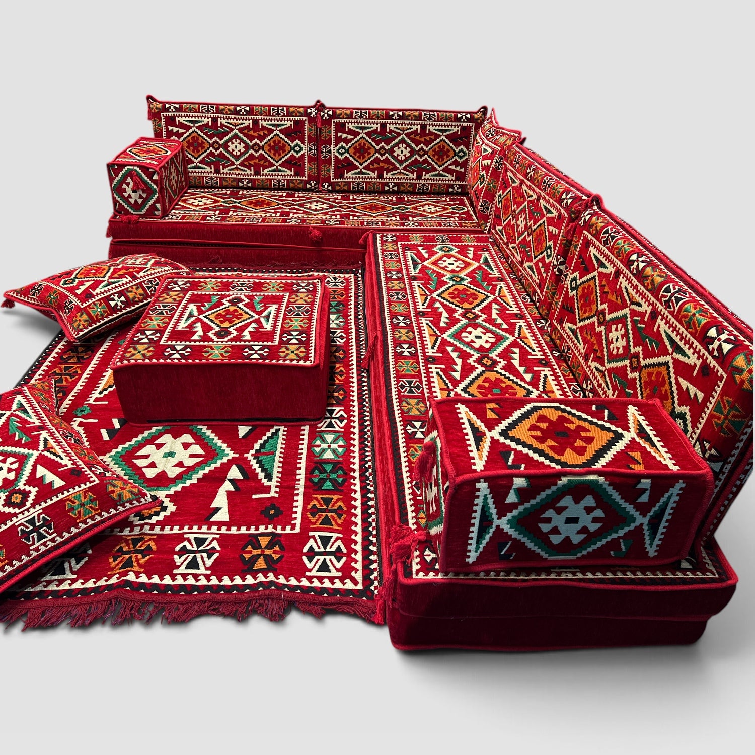 Red L-Shaped Sofa Set, Anatolian Floor Seating Sectional Modular Couch Set