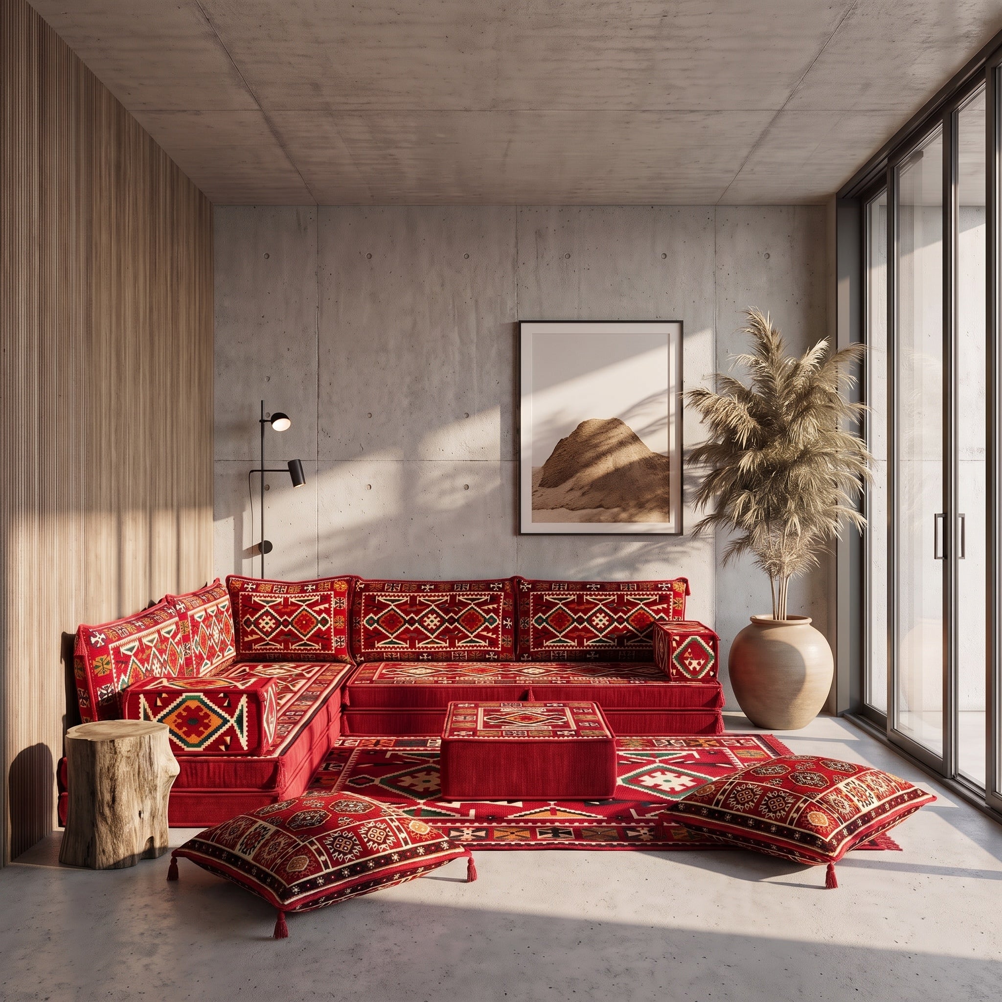Red L-Shaped Sofa Set, Anatolian Floor Seating Sectional Modular Couch Set