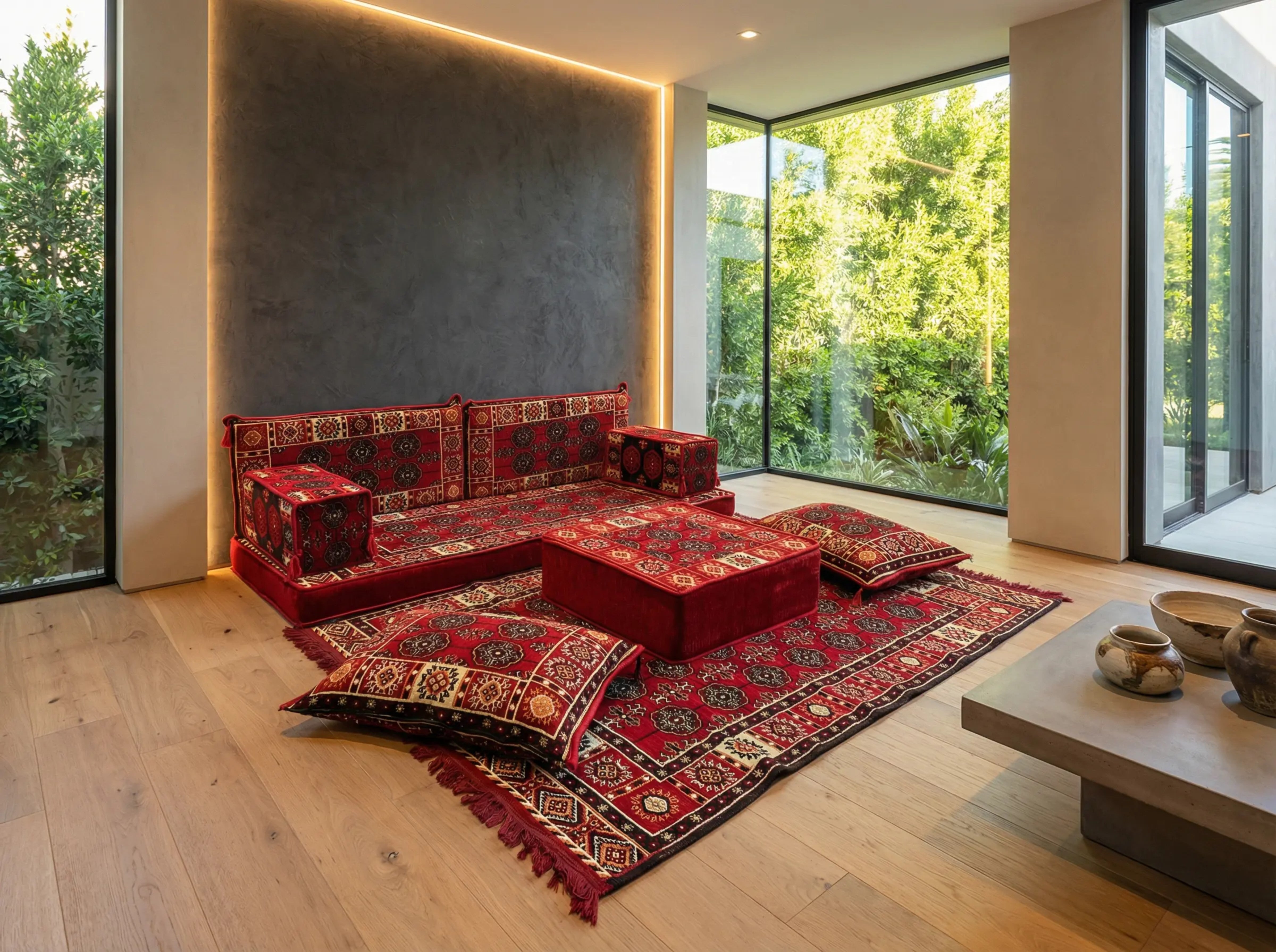 Red Loveseat Sofa Set, Bukhara Floor Seating Sectional Modular Couch Set