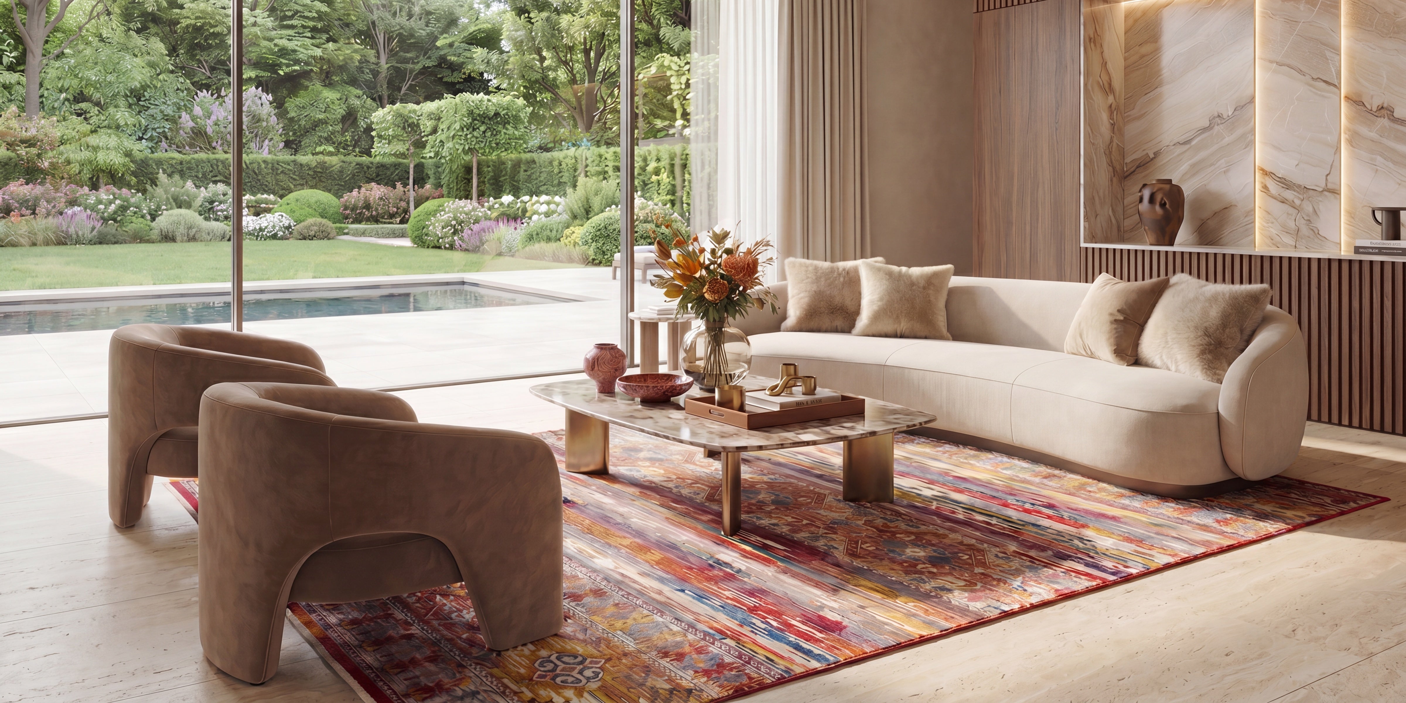 Modern living room with BOHO BOHEMIAN & VINTAGE colorful rug. tHIS BOHO RUG IN CHICAGO FOR cOZY RUGS' COLLECTION BANNER 