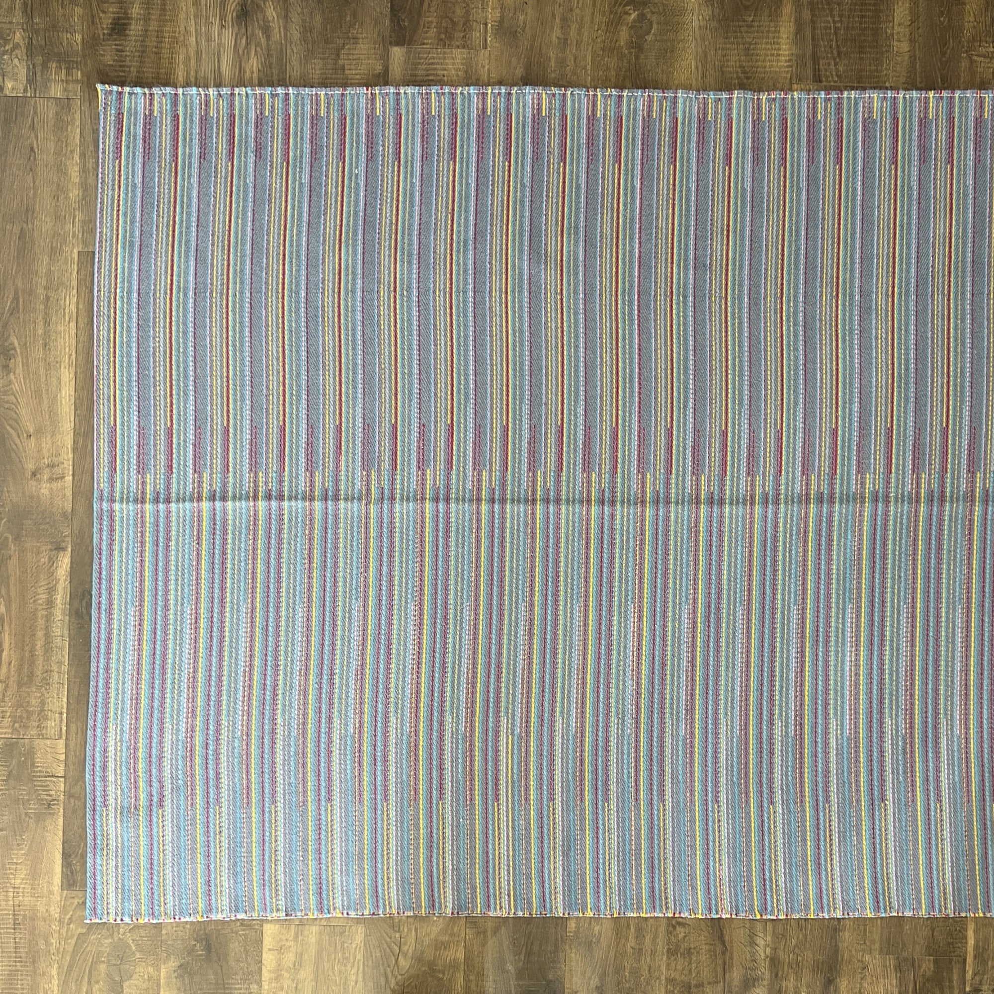 Blue Turkish Kilim Rug – Colorful Wool Flat-Weave with Bohemian Striped Pattern