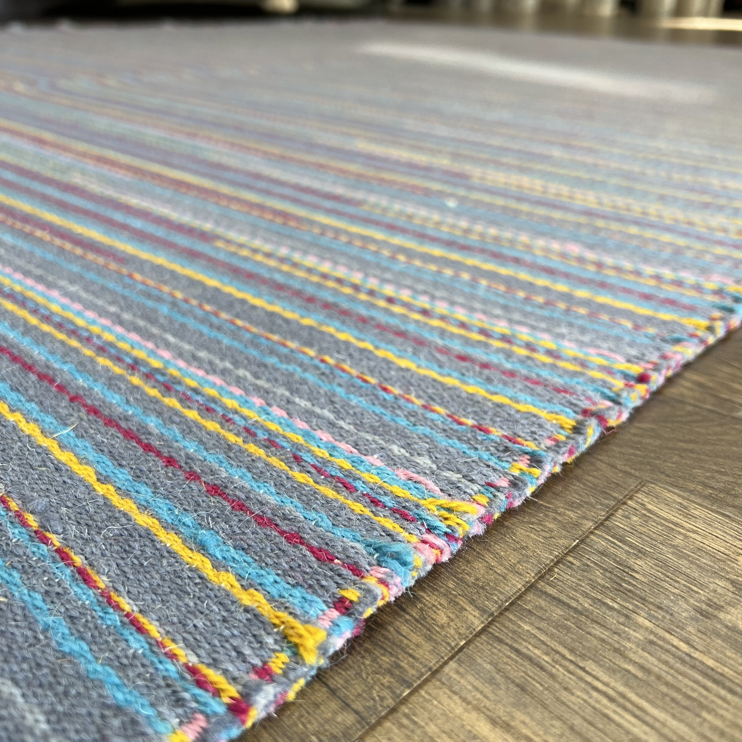 Blue Turkish Kilim Rug – Colorful Wool Flat-Weave with Bohemian Striped Pattern
