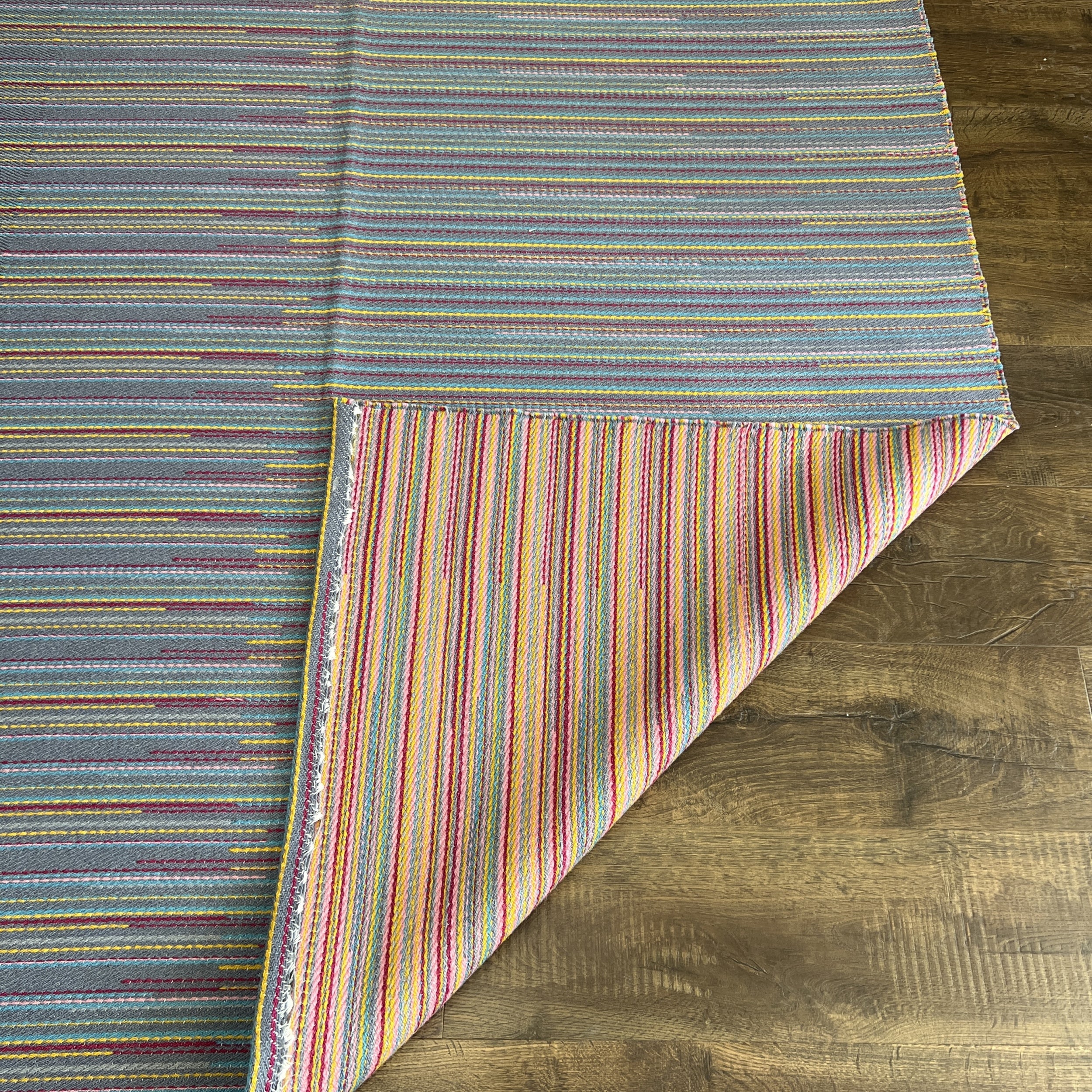 Blue Turkish Kilim Rug – Colorful Wool Flat-Weave with Bohemian Striped Pattern