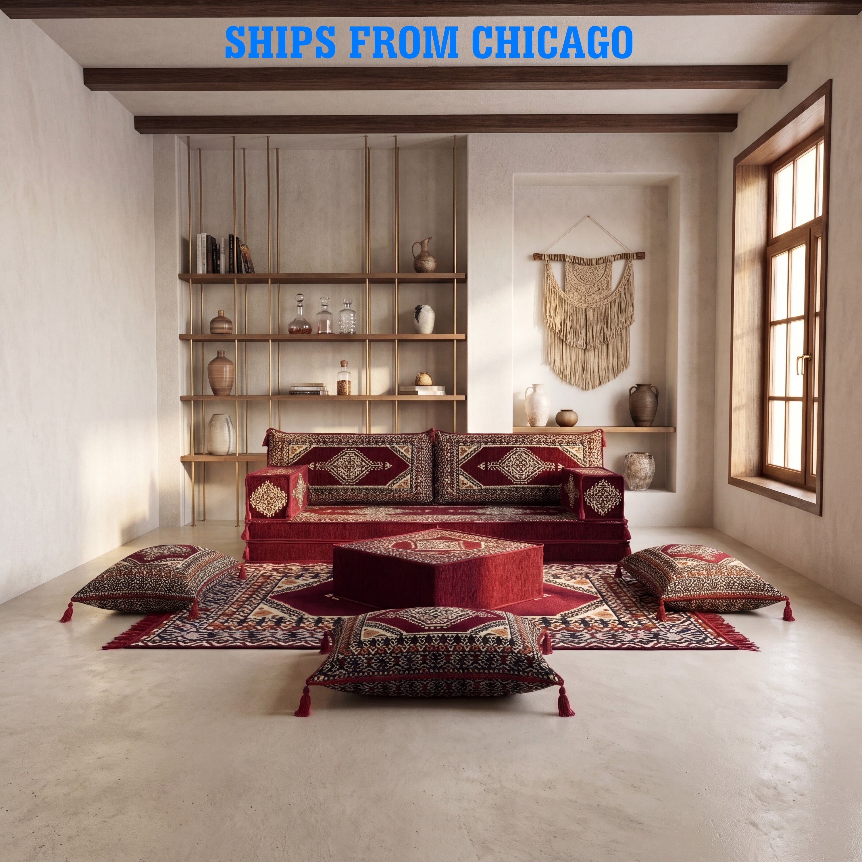 A styled interior room showing a red upholstered sofa set with matching patterned floor cushions and a rug. This is a product image for Burgundy Arabic Majlis Sofa Set, Turkish Palace Floor Seating Sectional Modular Couch. Blue text at the top reads 'SHIPS FROM CHICAGO'.