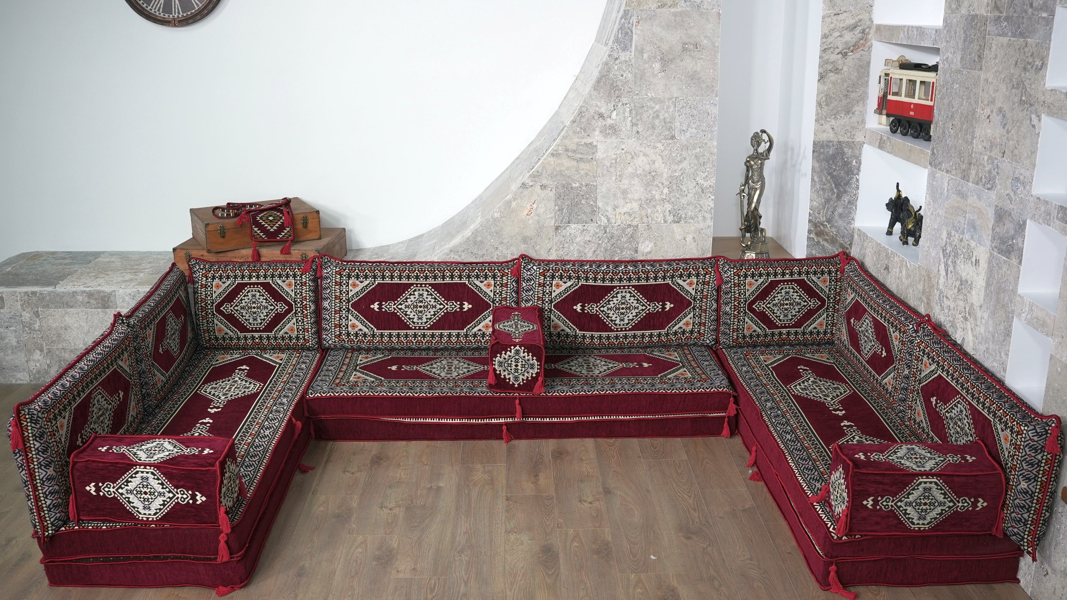 Burgundy U-Shaped Sofa Set, Turkish Palace Floor Seating Sectional Modular Couch Set