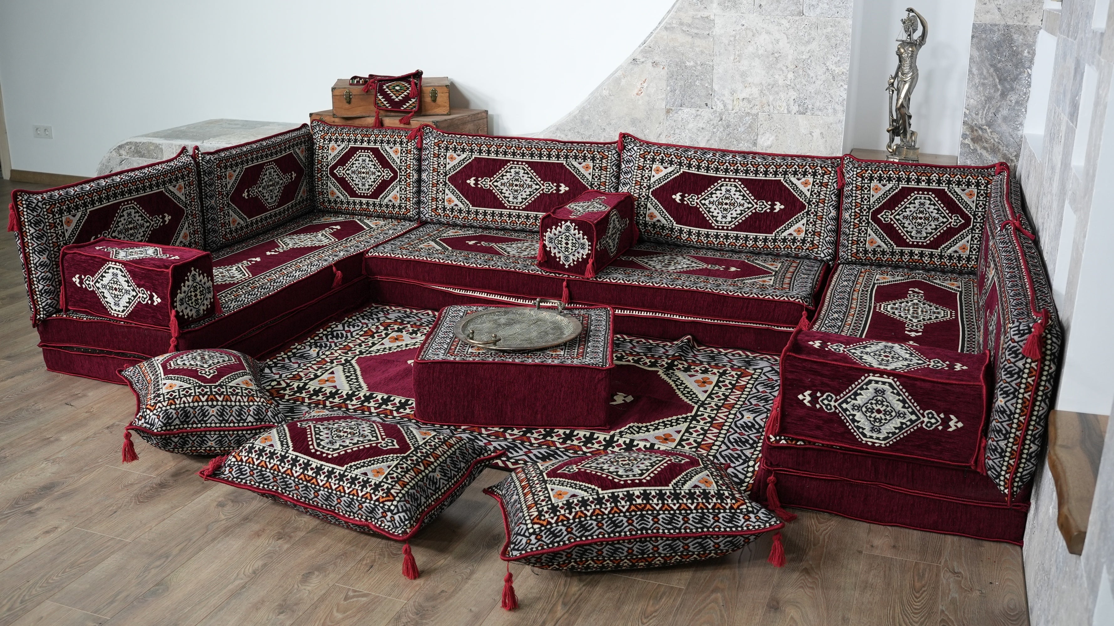 Burgundy U-Shaped Sofa Set, Turkish Palace Floor Seating Sectional Modular Couch Set
