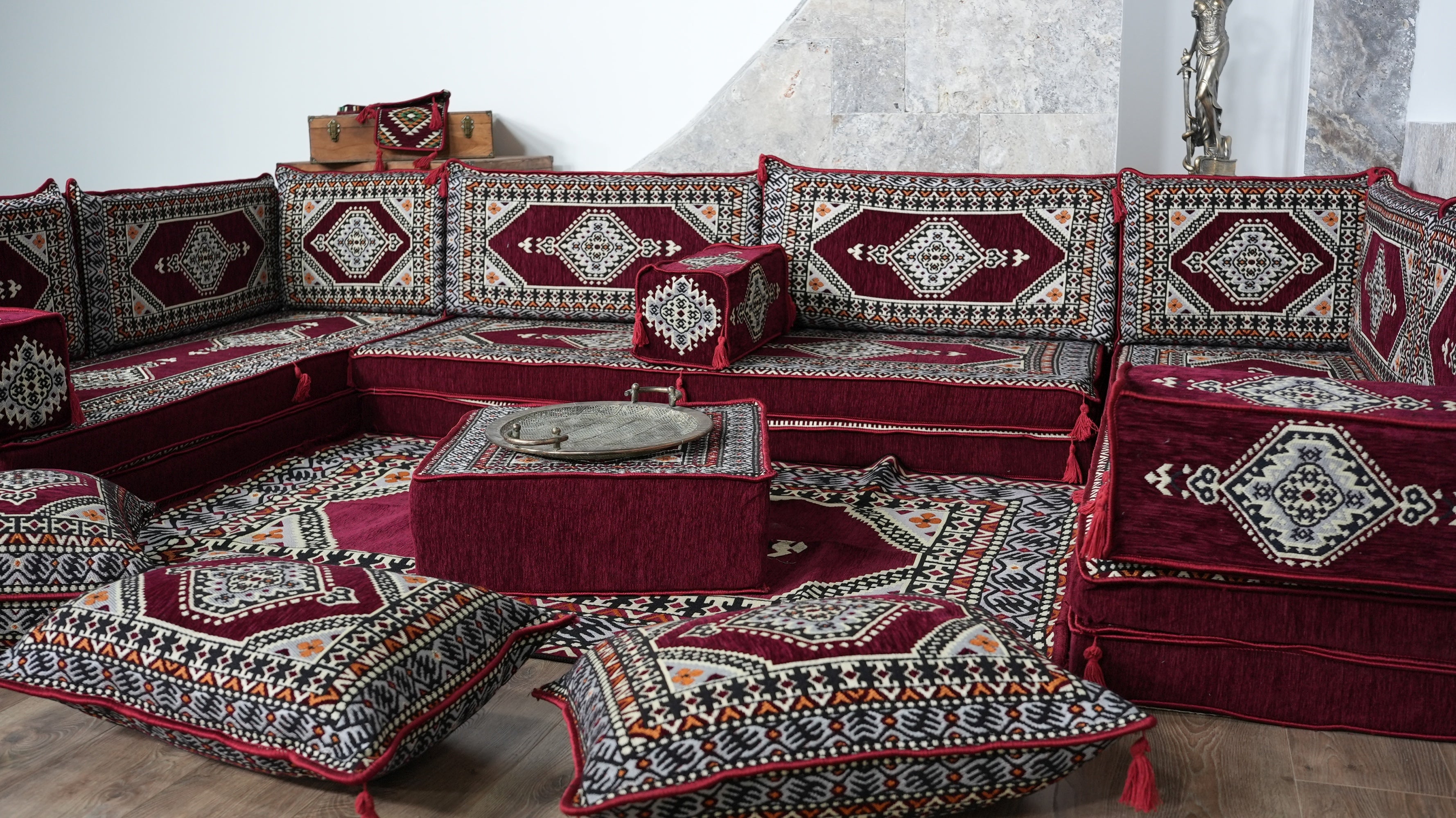 Burgundy U-Shaped Sofa Set, Turkish Palace Floor Seating Sectional Modular Couch Set