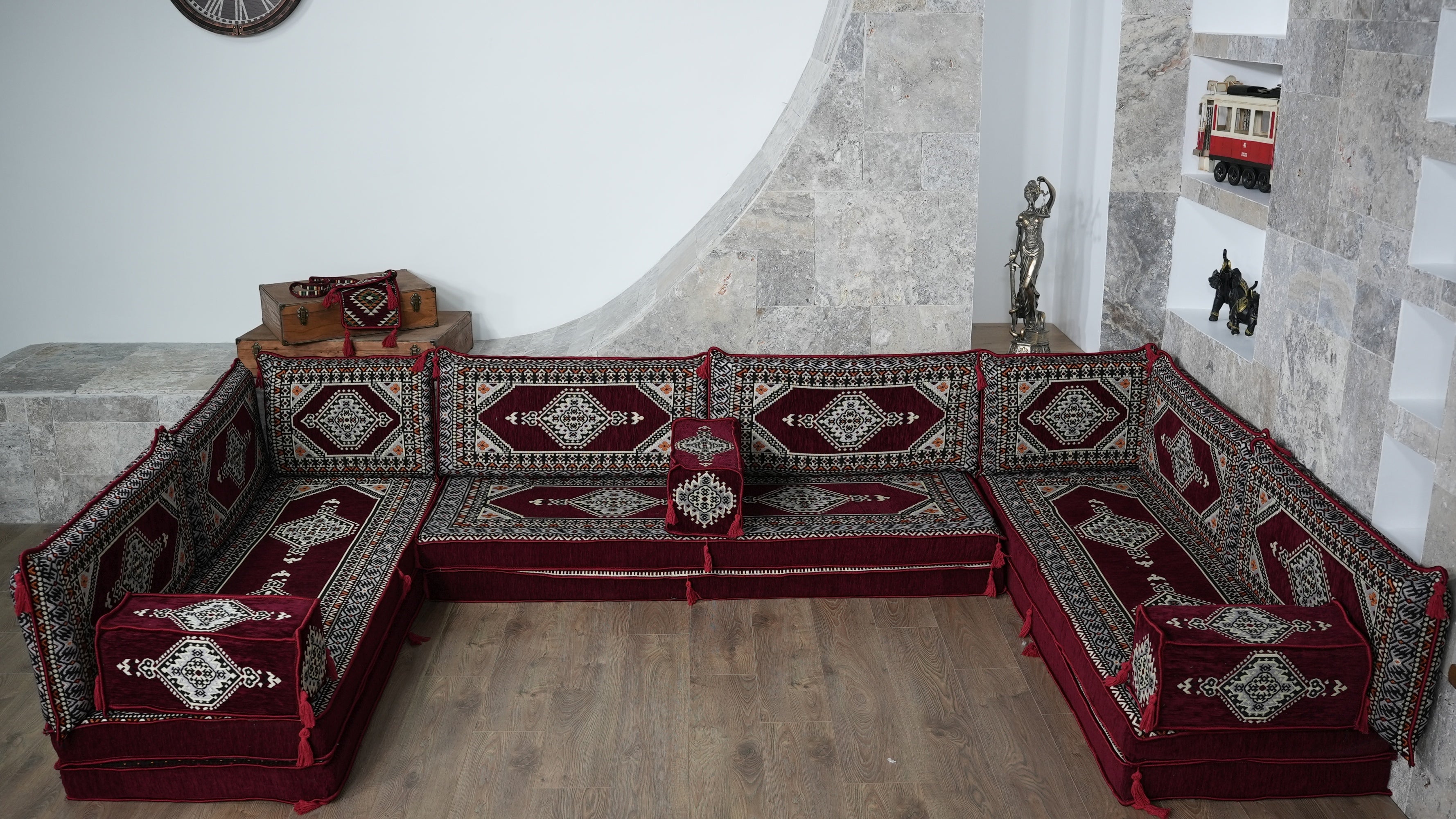 Burgundy U-Shaped Sofa Set, Turkish Palace Floor Seating Sectional Modular Couch Set