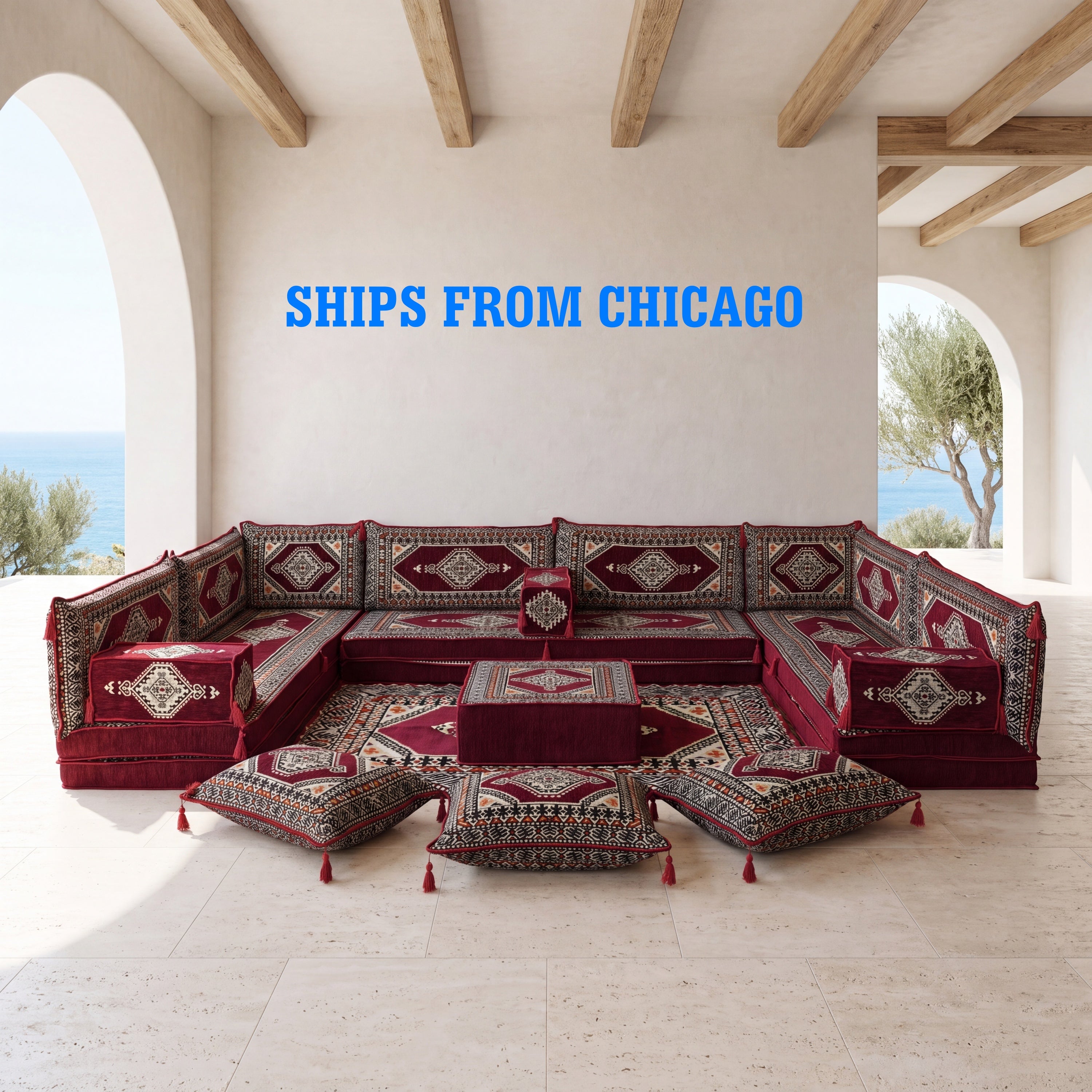 Burgundy U-Shaped Sofa Set, Turkish Palace Floor Seating Sectional Modular Couch Set