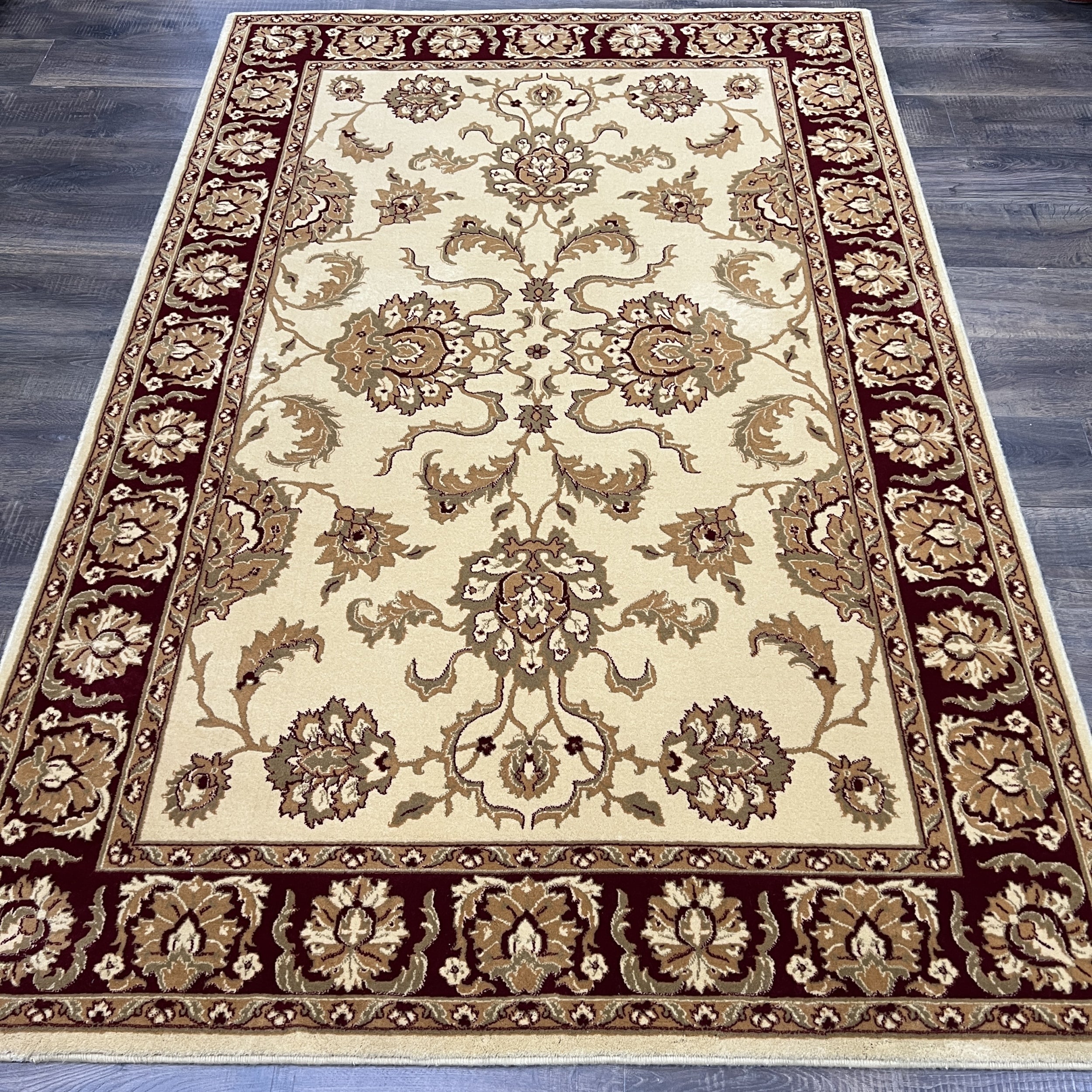Classic Floral Oushak Beige and Burgundy Wool Rug
