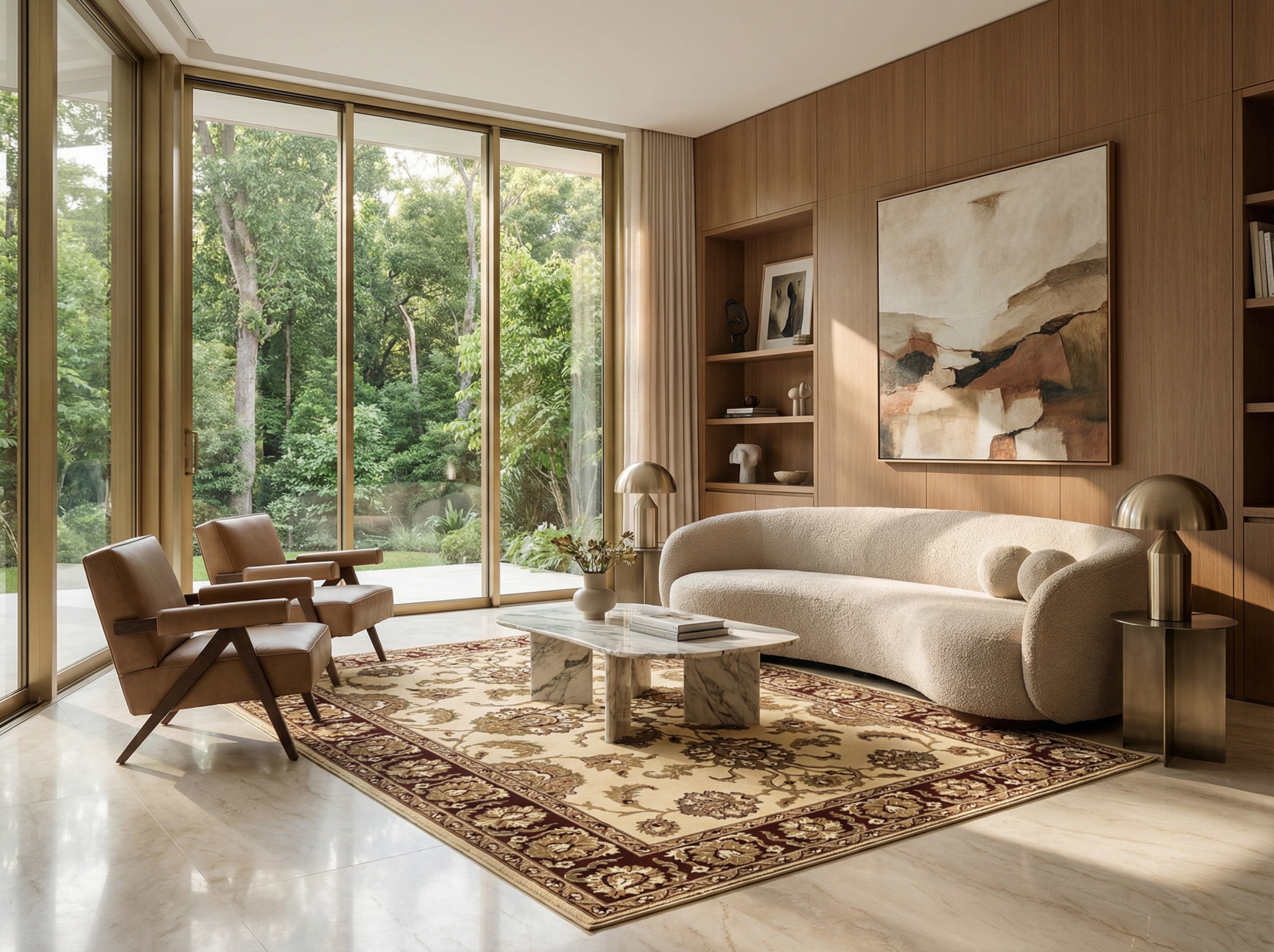 Classic Floral Oushak Beige and Burgundy Wool Rug