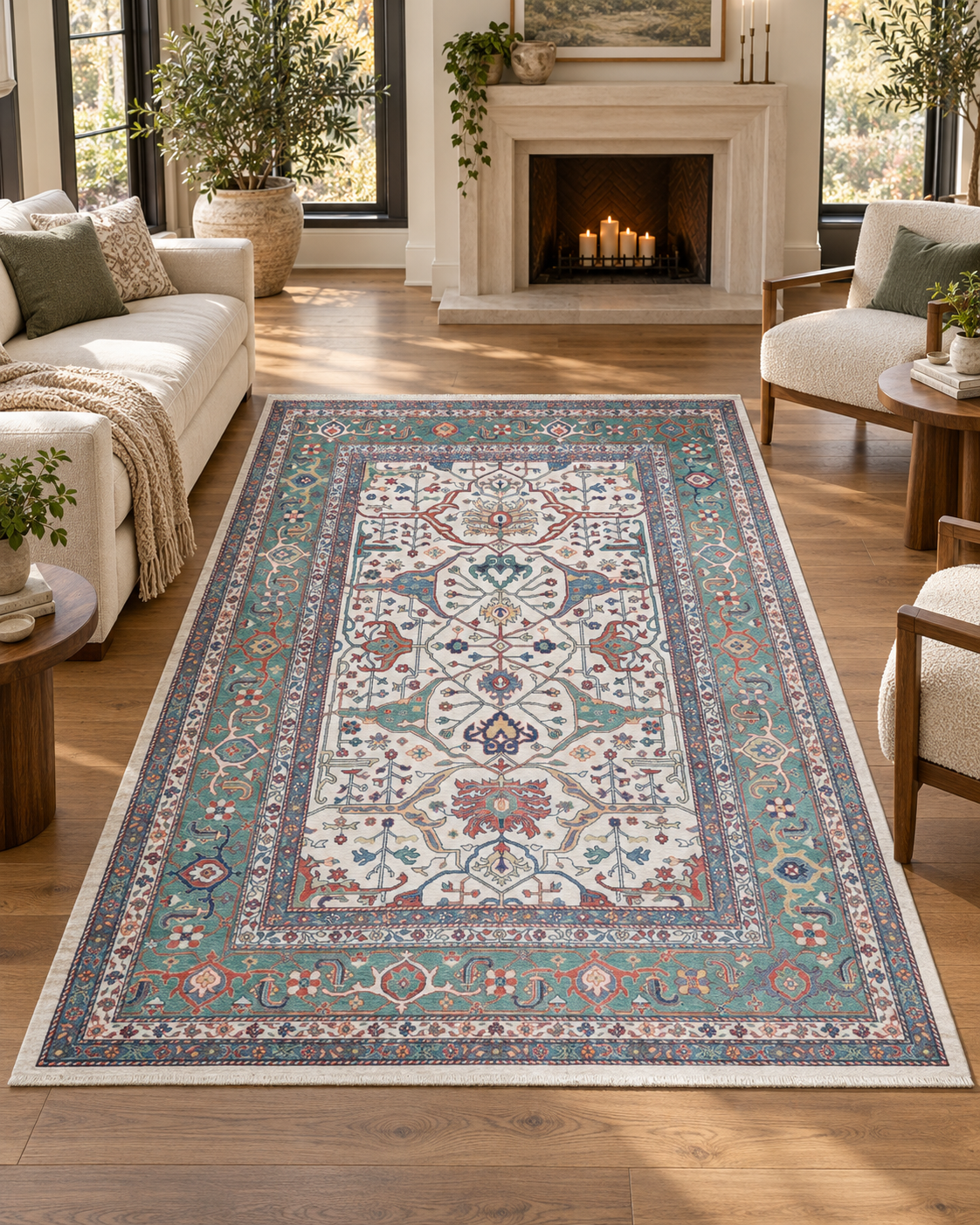 Ivory & Teal Oriental Wool Area Rug – Vegetable Dyed Floral Design