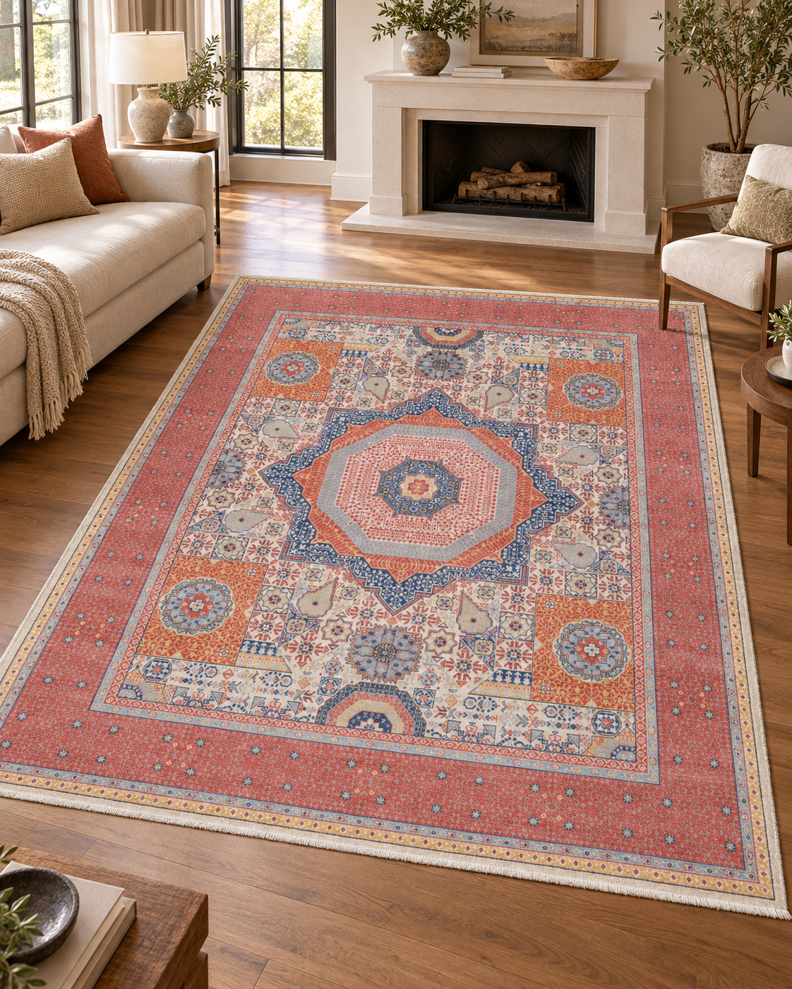 Coral Red Oriental Wool Area Rug – Vegetable Dyed Blue Geometric Medallion