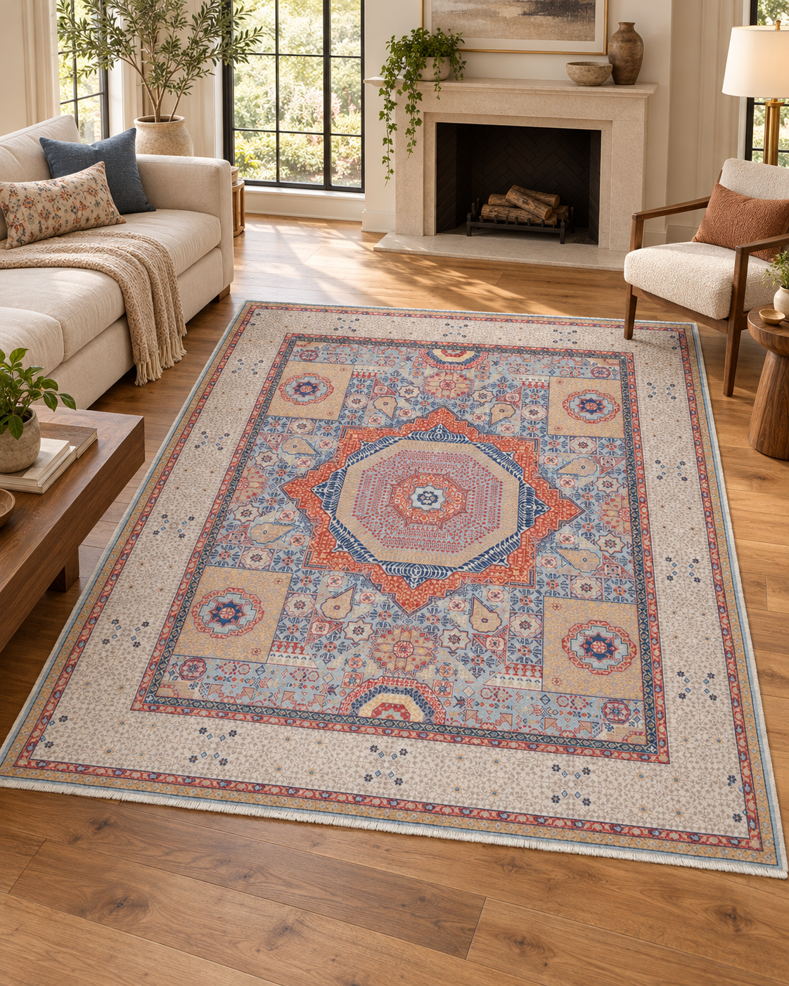 Ivory & Blue Oriental Wool Area Rug – Vegetable Dyed Geometric Medallion