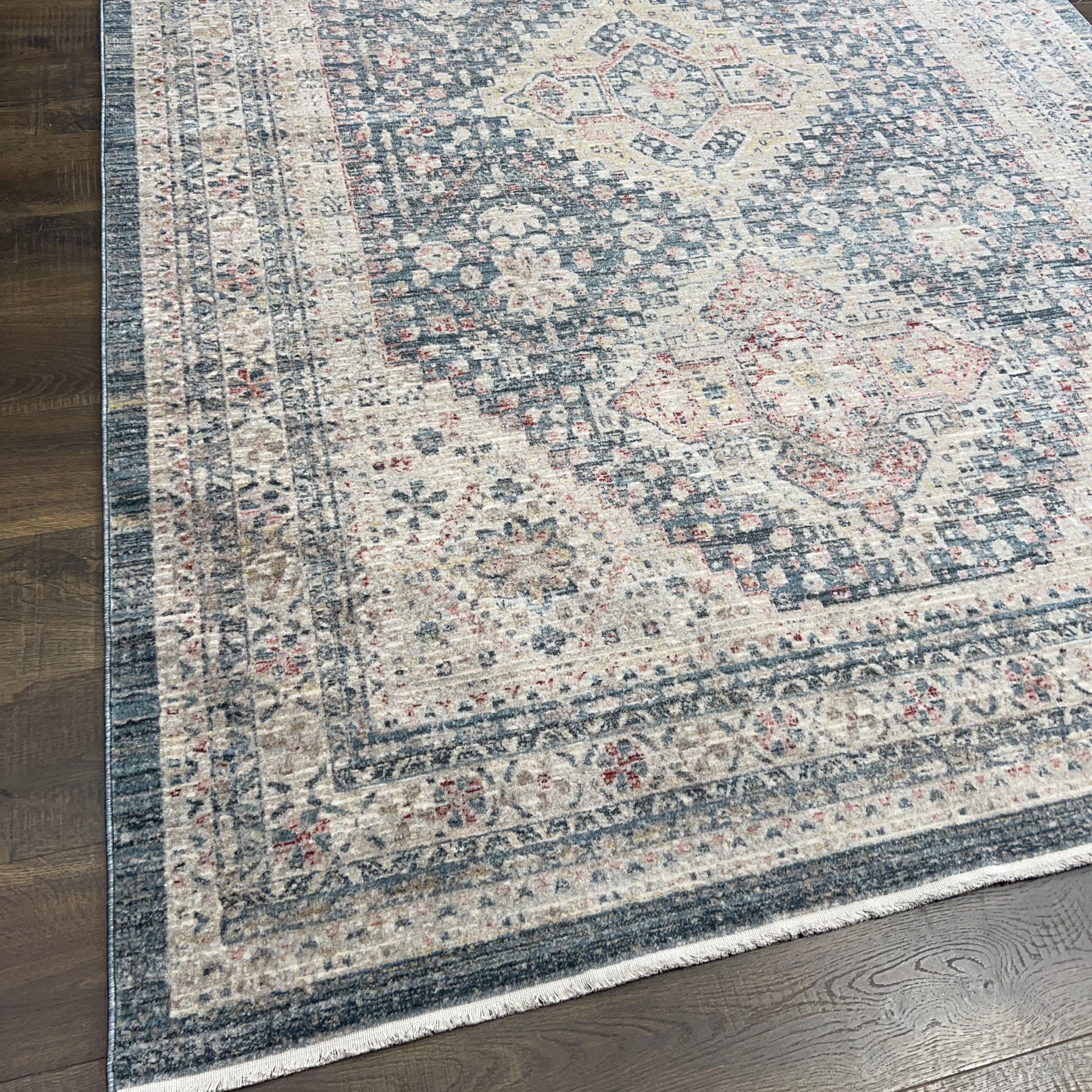 Unicasso Vintage Blue Diamond Trellis Area Rug with Soft Short Pile