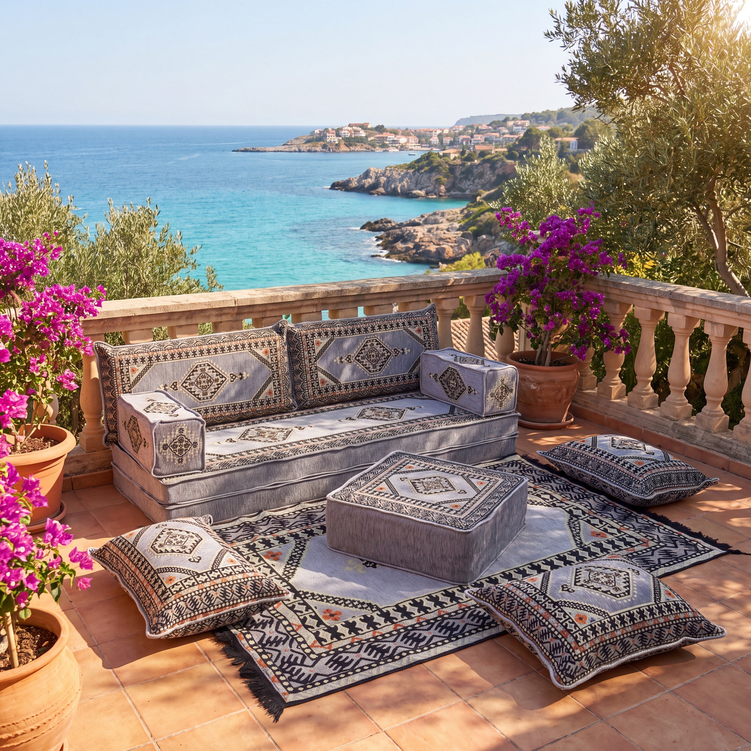 A styled outdoor terrace seating arrangement WITH  The set includes a gray upholstered sofa, matching pillows, a low rectangular ottoman/table, patterned rug. A Mediterranean-style outdoor seating arrangement featuring a gray ARABIC FLOOR sofa with FLOOR cushions, matching floor pillows, a ottoman, and A patterned KILIM rug 